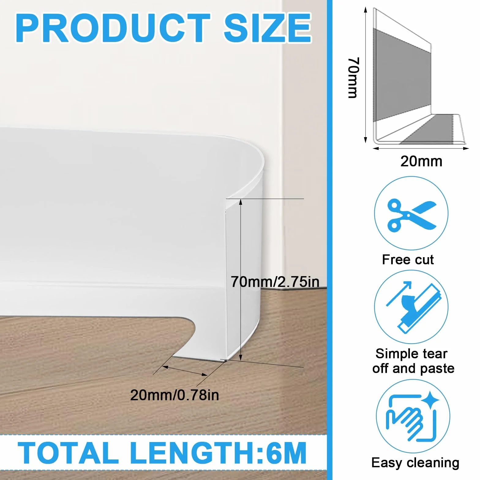 Listwa przypodłogowa PCV 70 mm x 20 mm x 6 m wodoodporna odporna na pleśń biała