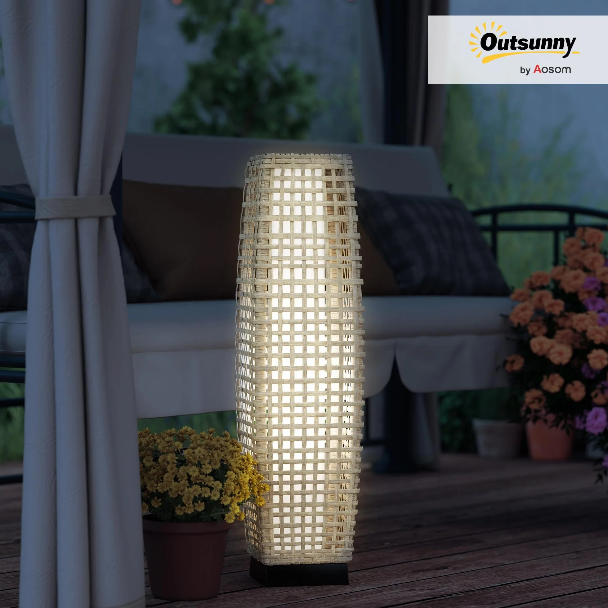 Outsunny Solar Stojąca Lampa Rattanowa z Czujnikiem Światła LED, Wodoodporna IP44, Styl Boho