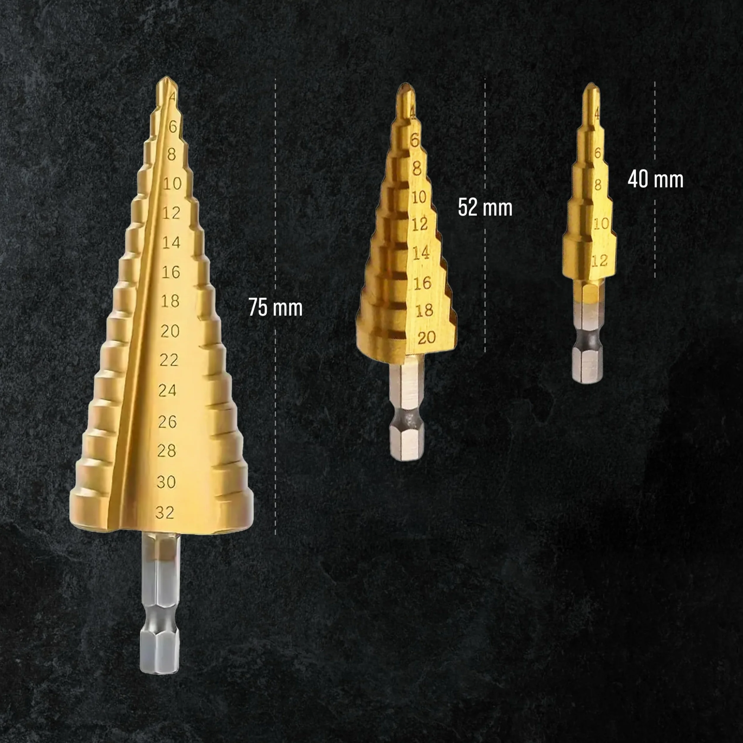 Zestaw 3 wierteł stopniowych HSS 4-32 mm, powlekane tytanem, trzpień sześciokątny 6 mm