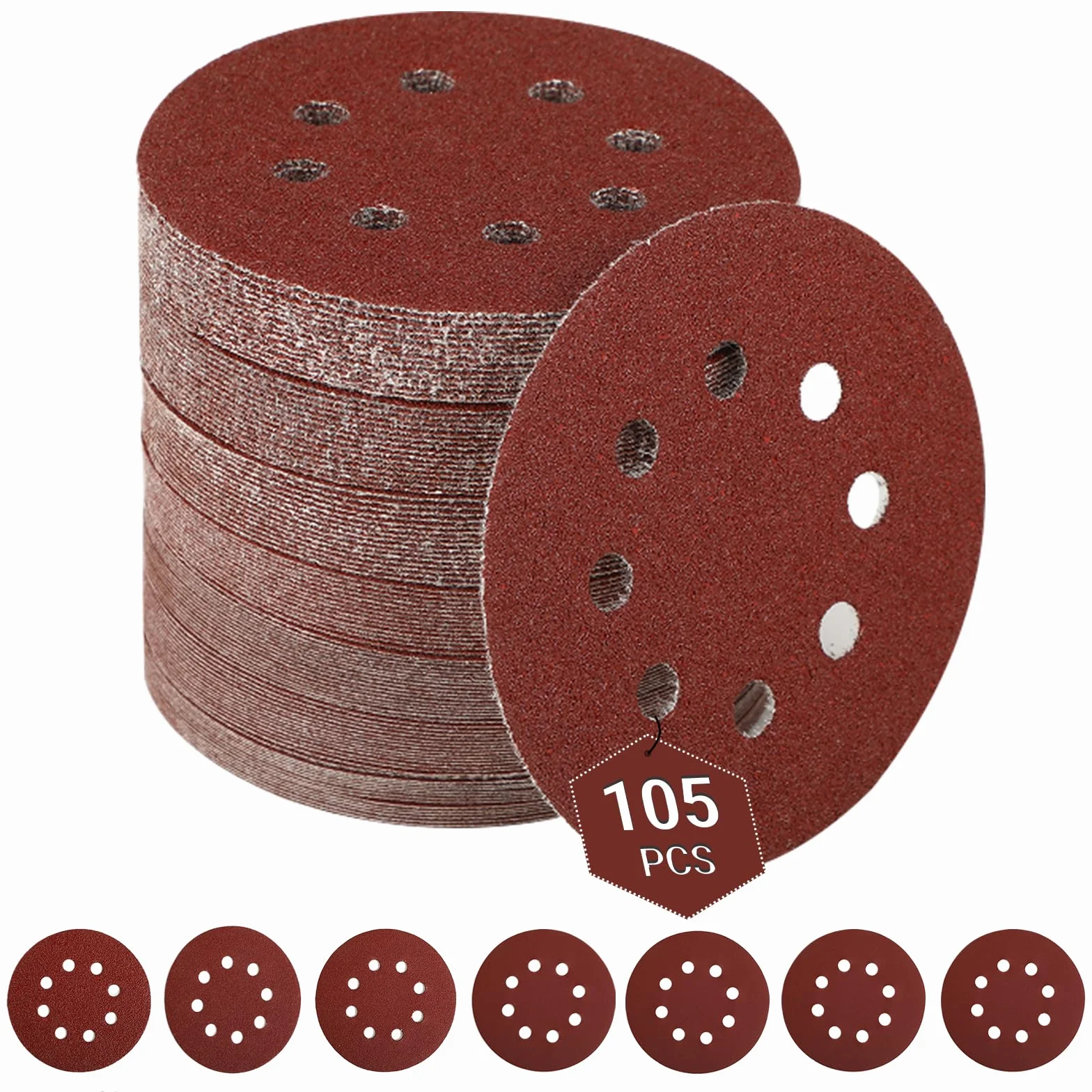 Krążki ścierne 125 mm 8 otworów do szlifierki mimośrodowej 105 sztuk 40/60/80/120/180/240/320