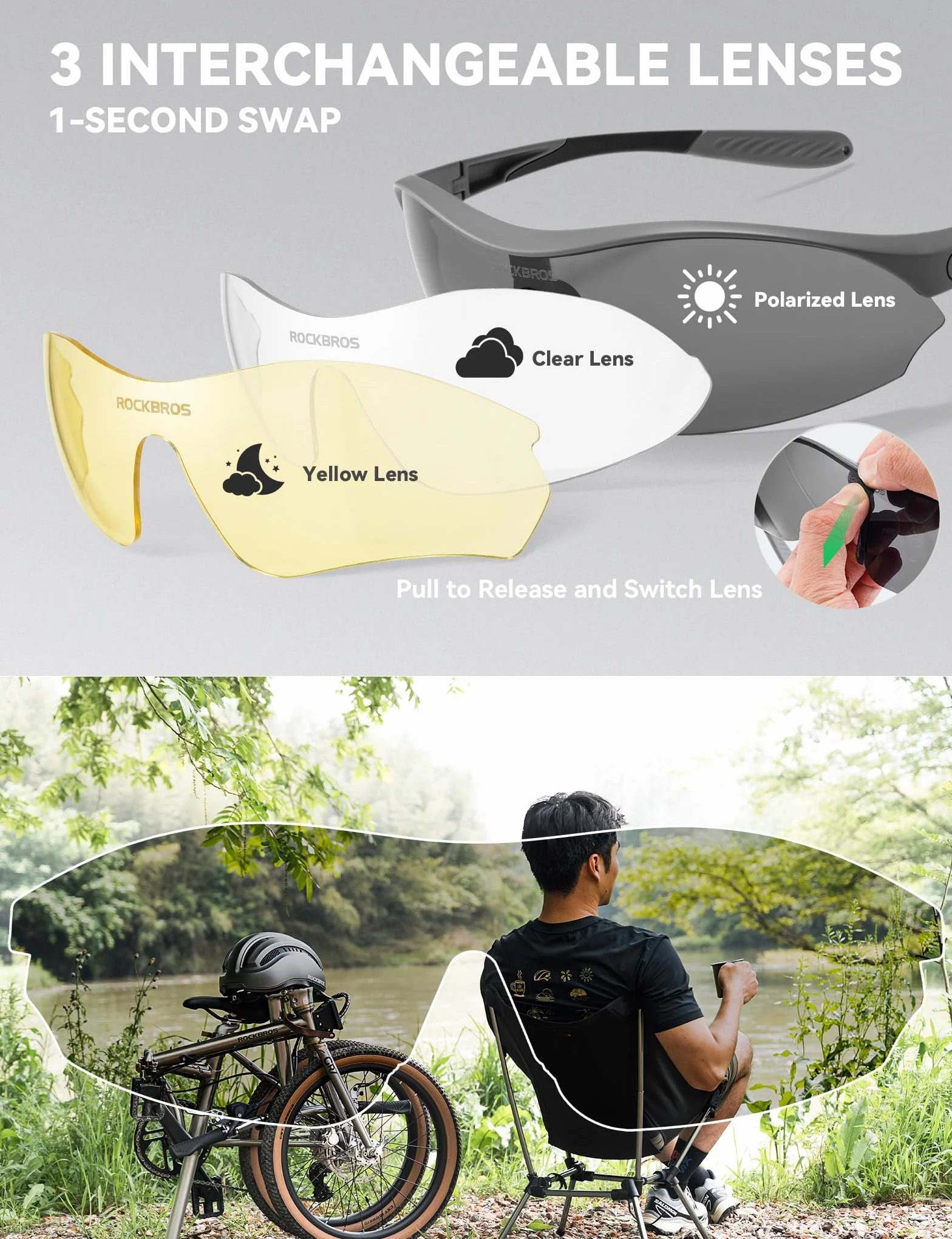 ROCKBROS Polaryzacyjne okulary rowerowe dla mężczyzn i kobiet z 3 wymiennymi soczewkami 23 g, ultralekkie okulary sportowe, szybka wymiana, regulowana nakładka na nos UV400, do biegania, jazdy