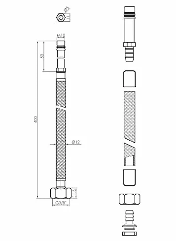 Tycner 40 cm M10 x 3/8" BSP czarny nylonowy pleciony elastyczny wąż ogonowy