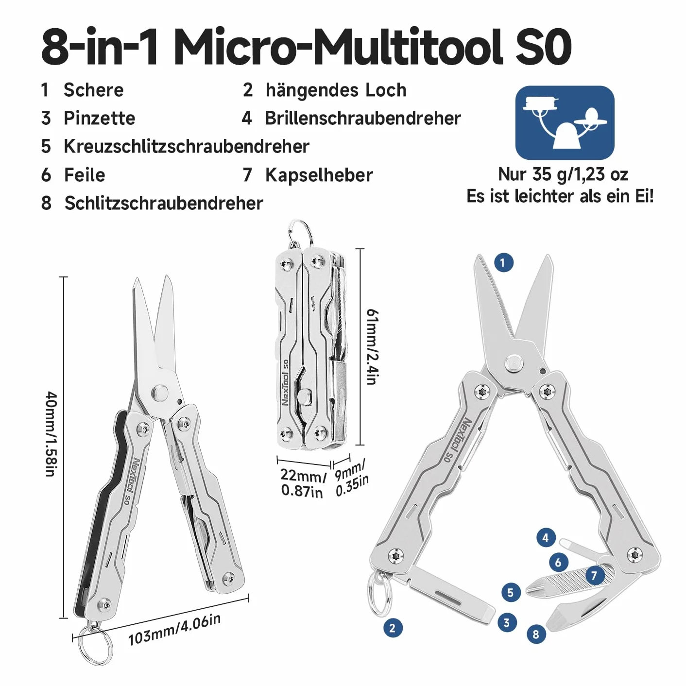 NexTool Wielofunkcyjne mini nożyczki Sailor S0, 8 w 1, mikro narzędzie EDC