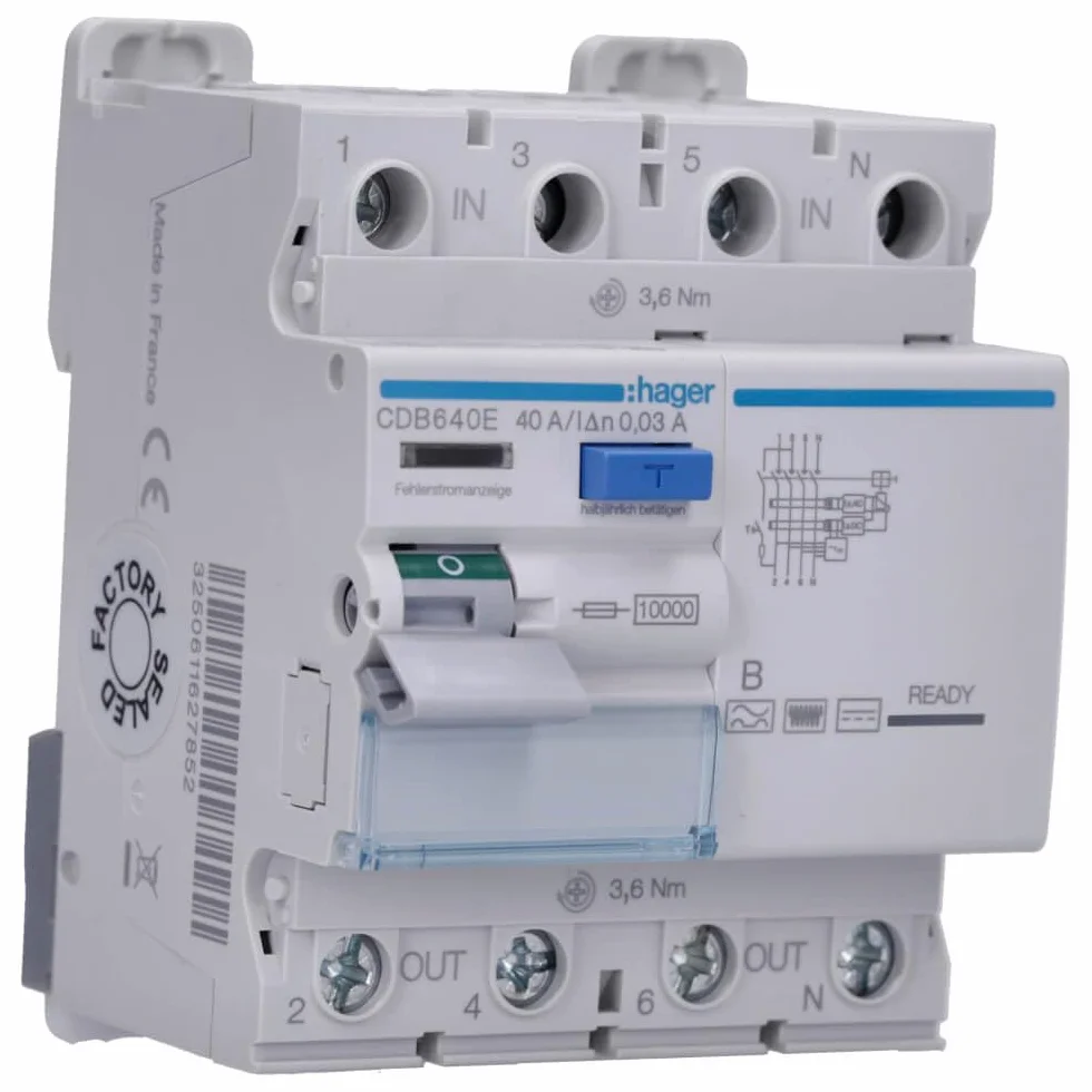 HAGER CDB640E Wyłącznik ochronny FI 4p 10kA 40A 30mA typ B
