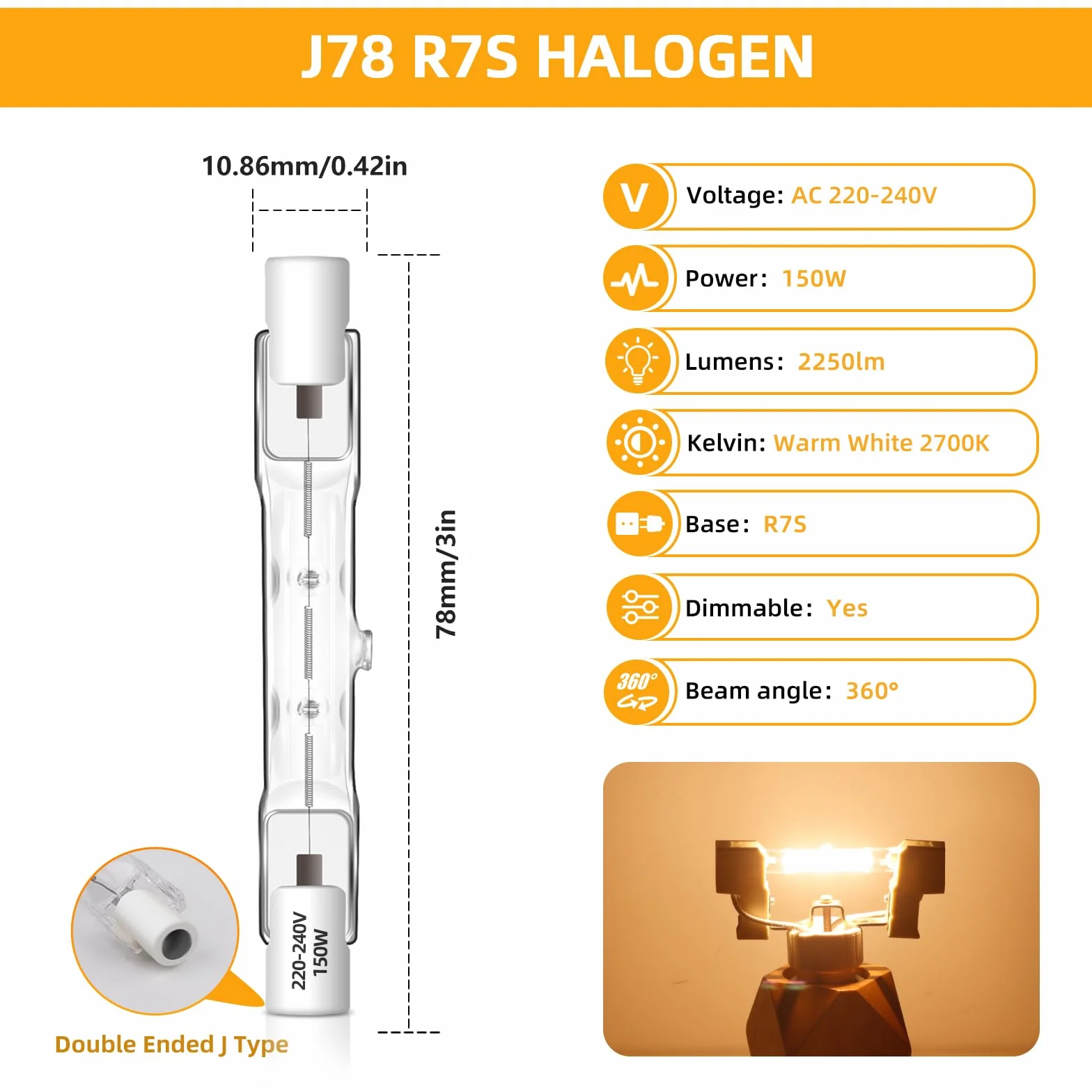 Caldarax 6 sztuk R7S 78 mm żarówka halogenowa 150 W 230 V, możliwość przyciemniania, 2700 K ciepła biel, 2250 lm