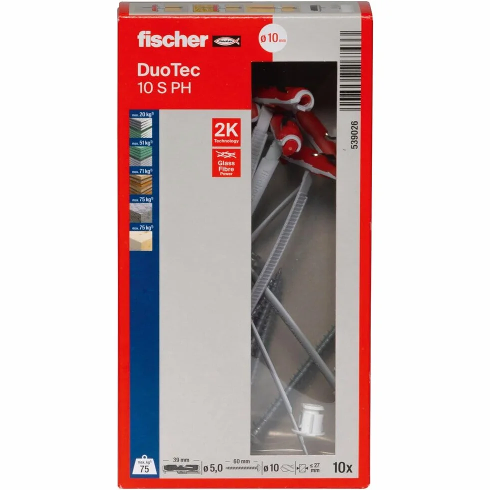 fischer DUOTEC 10 S PH kołek rozporowy 2-składnikowy 10 sztuk do płyt gipsowo-kartonowych drewnianych stalowych