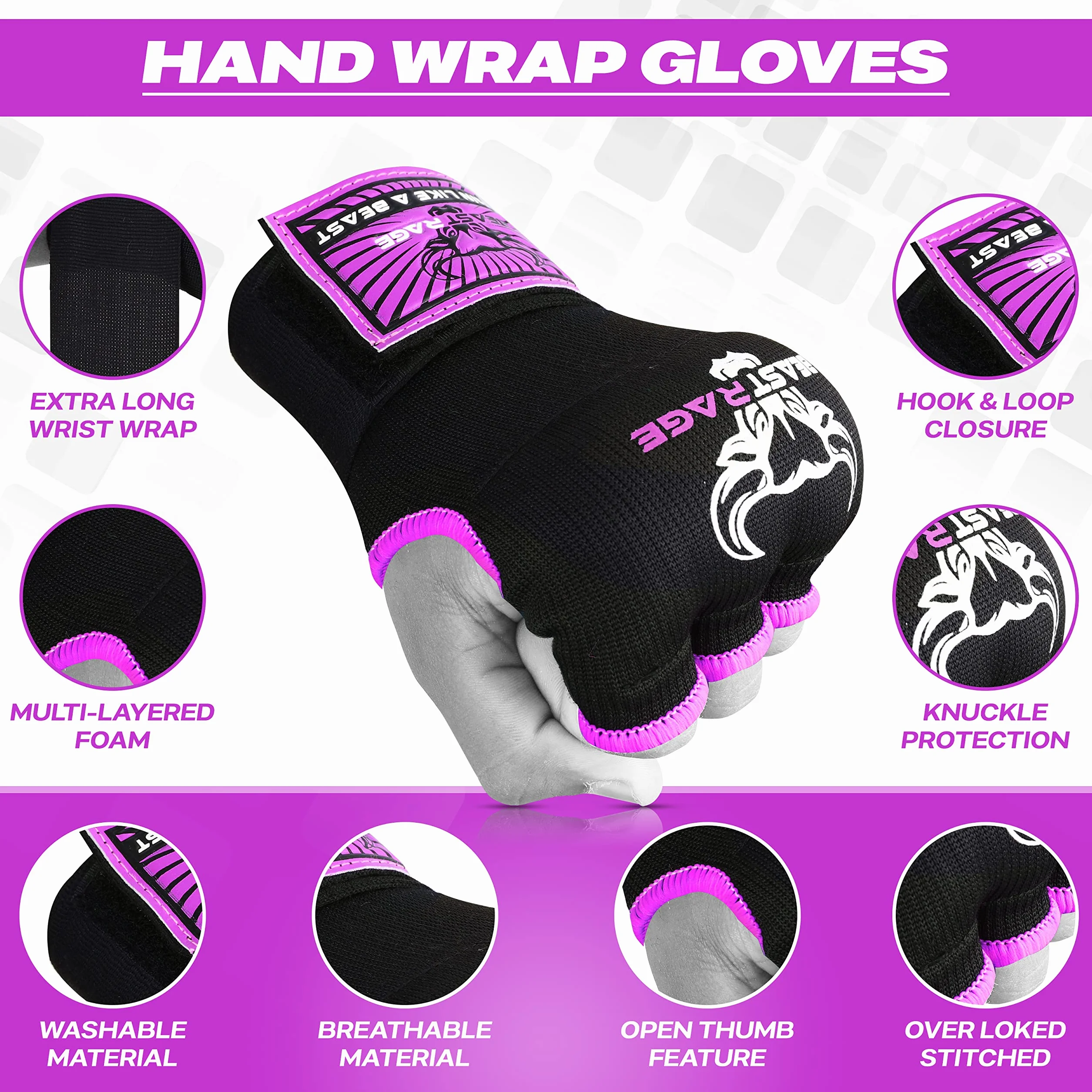 BEAST RAGE Rękawice żelowe do rąk MMA 75 cm długie owijane wyściełane elastyczne szybkie bokserskie worek treningowy Muay Thai zestaw bandaże UFC dla mężczyzn, kobiet, dzieci