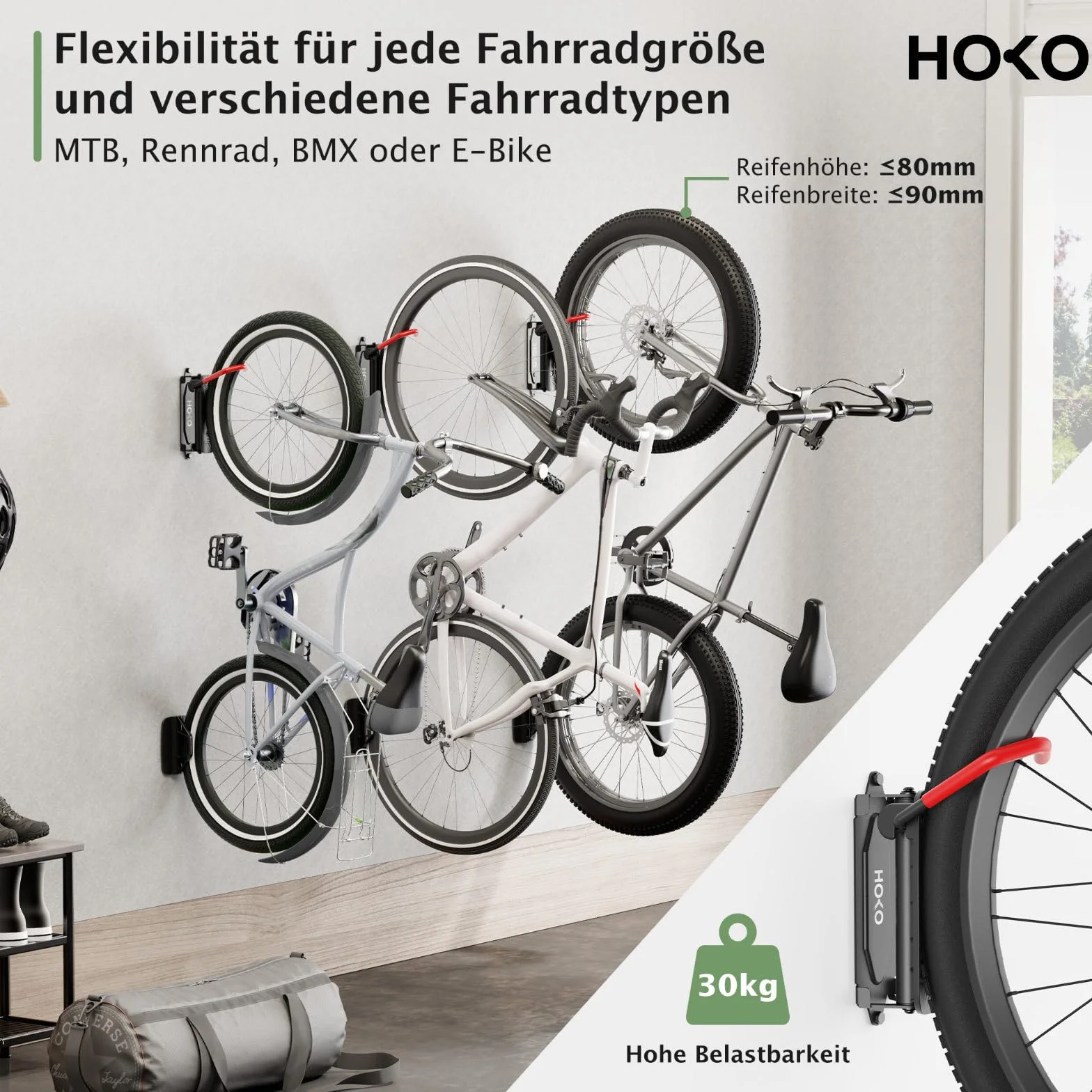 HOKO VELO 30 zestaw 4 uchwytów na rower montaż ścienny obracany obciążenie 30 kg