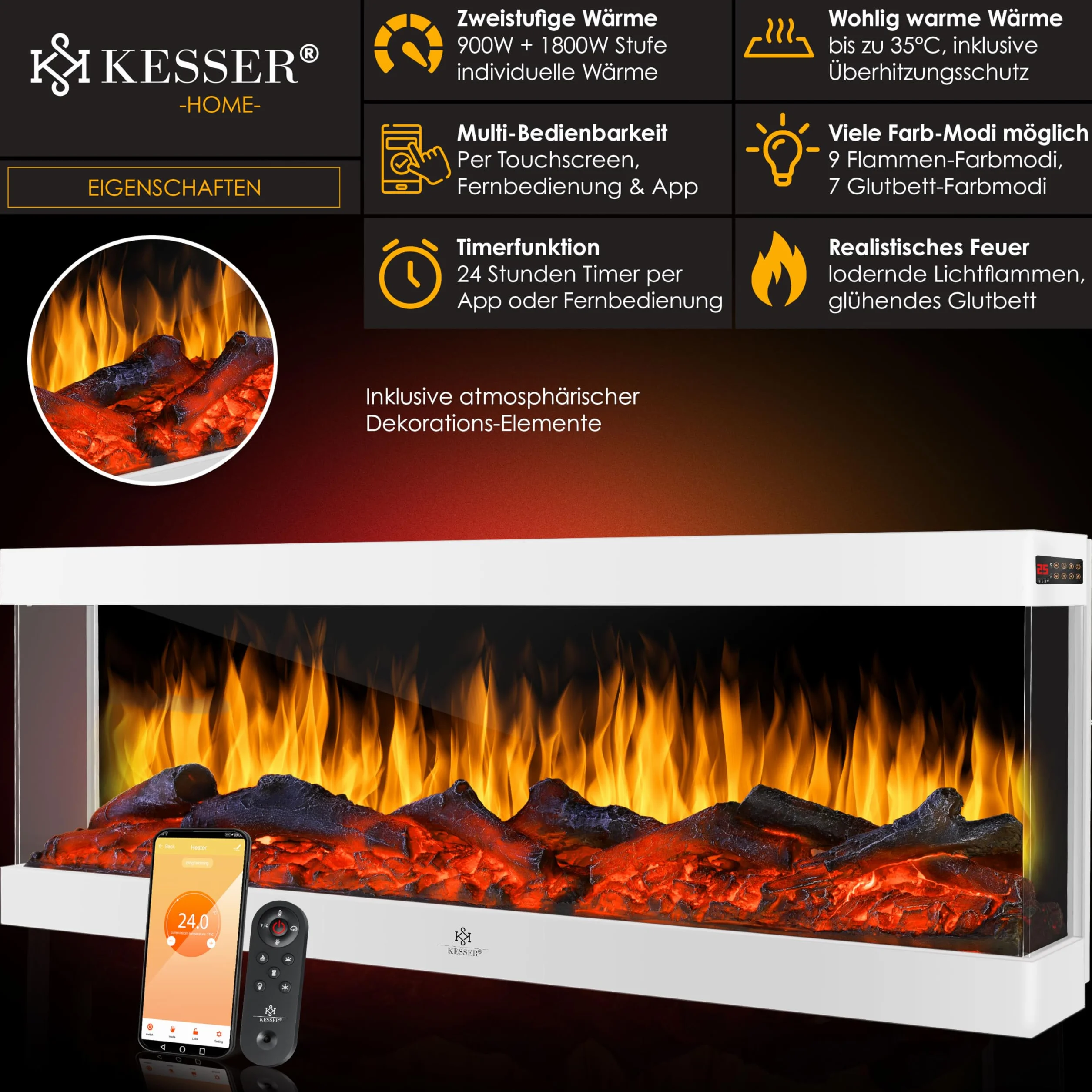 KESSER Kominek elektryczny 3D ścienny 900/1800 W 9 trybów LED efekt płomienia z ogrzewaniem