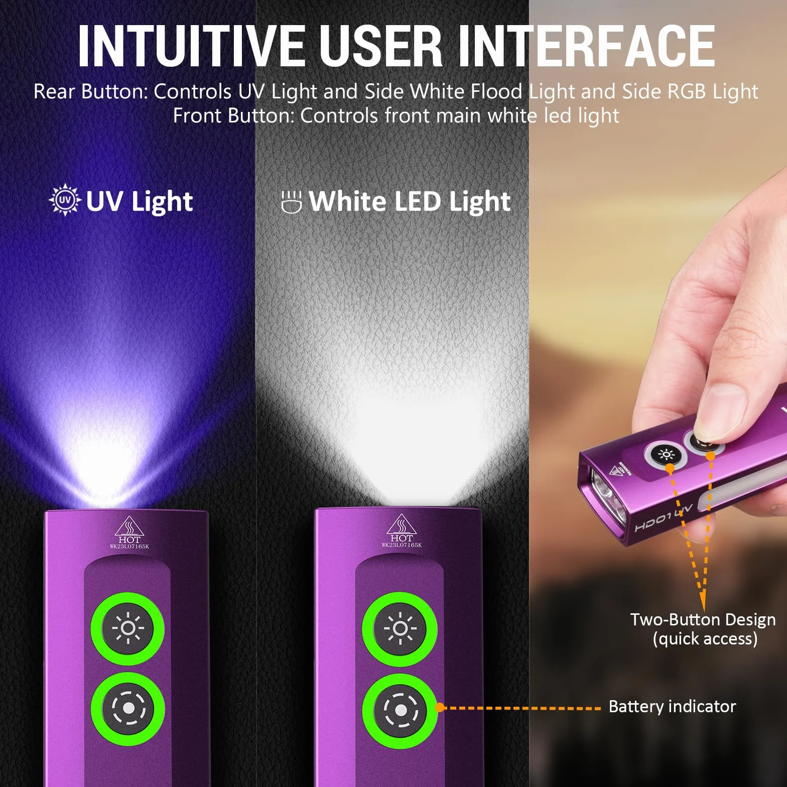 Wurkkos HD01 Latarka UV 1200 lumenów 157 m potrójne źródło światła czarne światło białe światło boczne RGB z akumulatorem