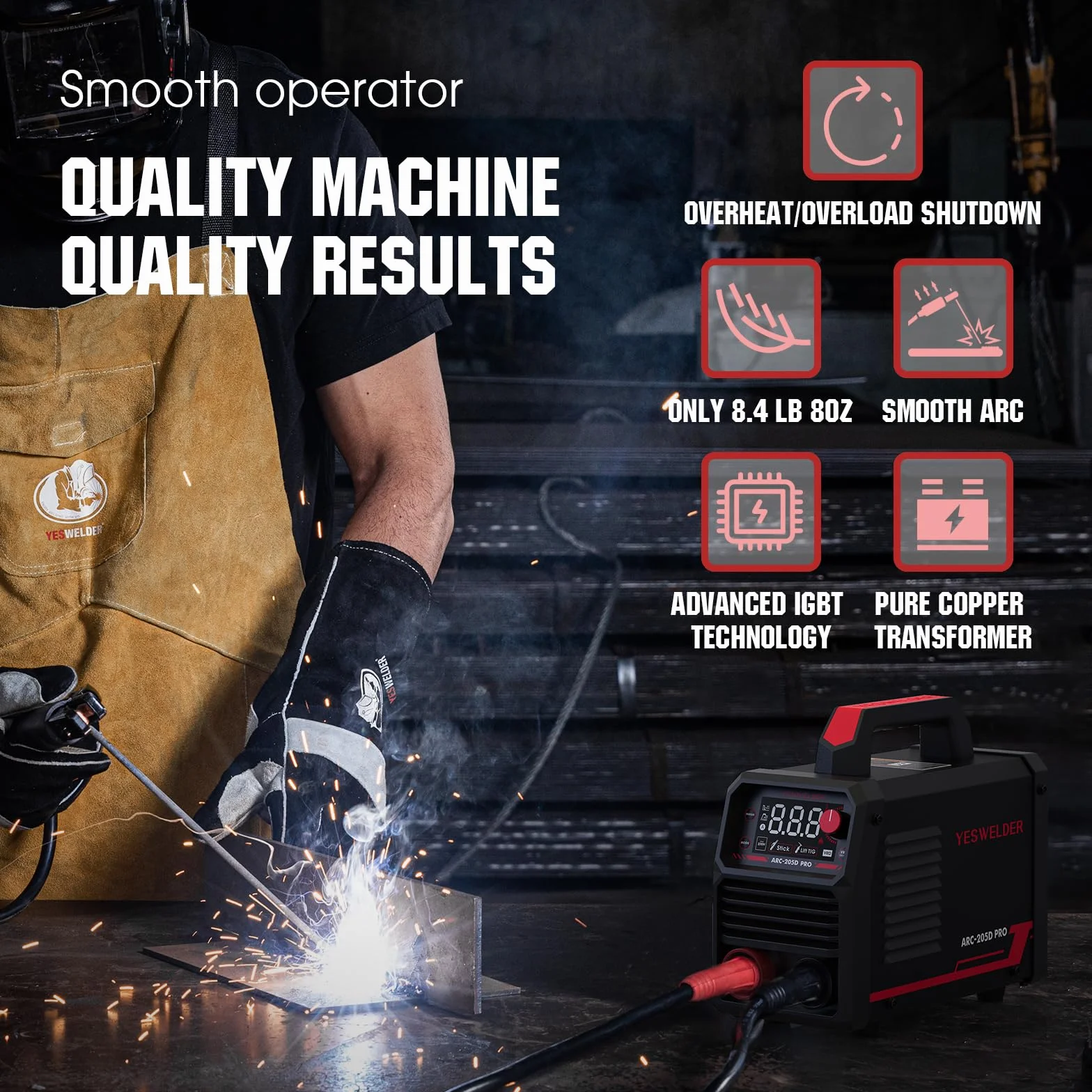 YESWELDER 205Amp ARC Welder 230V MMA/Lift TIG Przenośna spawarka inwertorowa IGBT