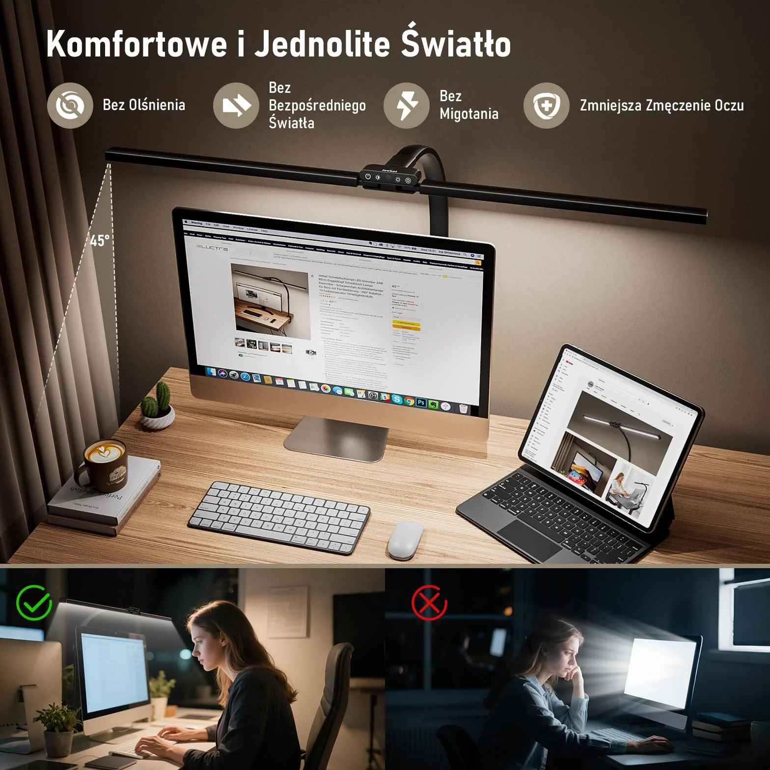 Jeebel Lampa Biurkowa LED 24W 80cm Dwugłowicowa z Pilotem 1800LM