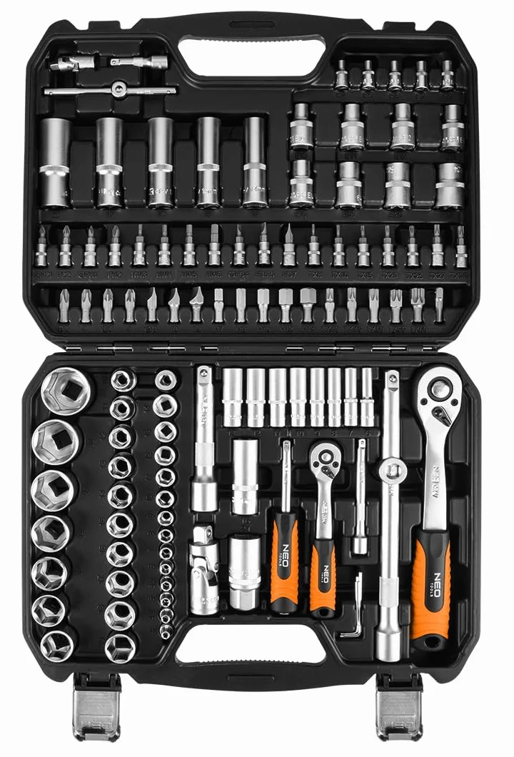 NEO TOOLS Zestaw 110 kluczy nasadowych 1/2" i 1/4" ze stali chromowo-wanadowej 72 zęby Torx