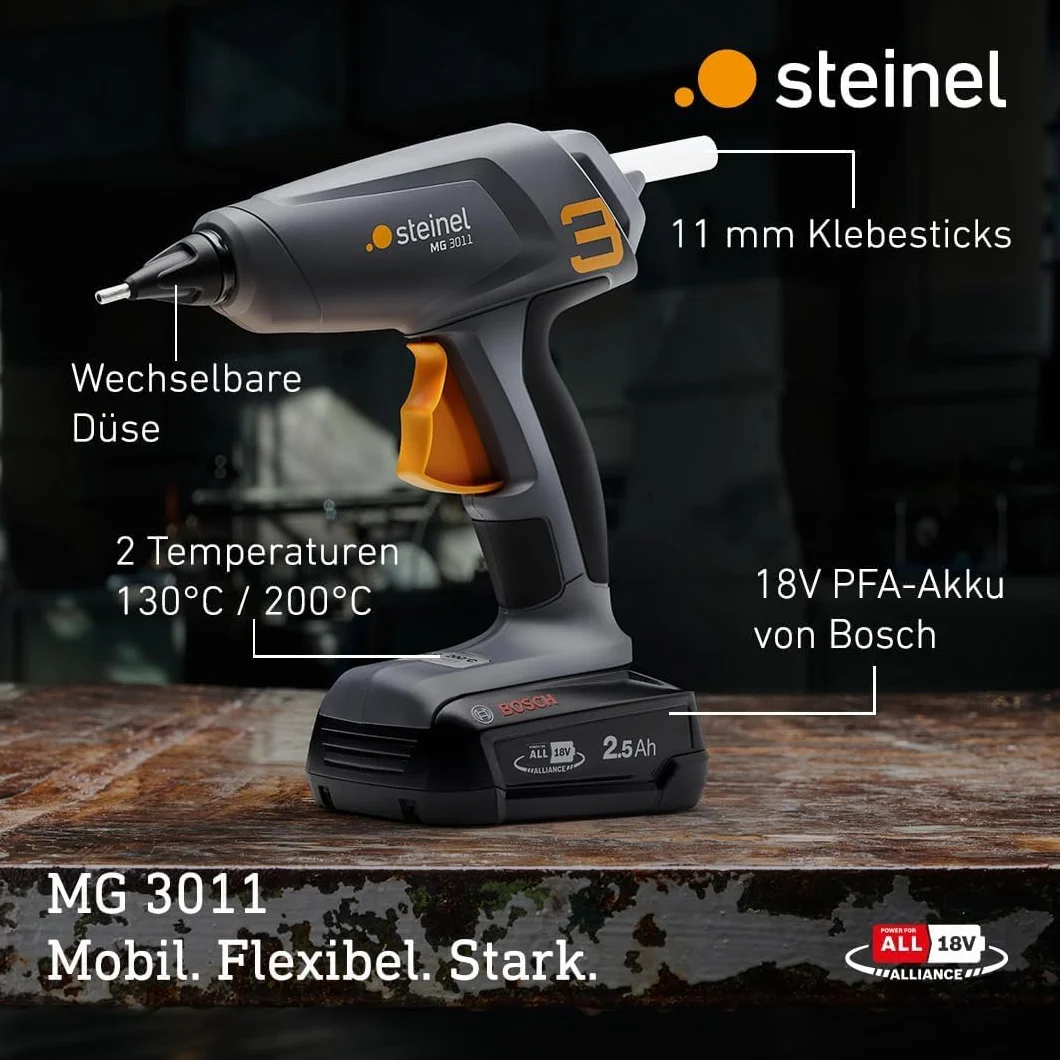 Steinel MobileGlue 3011 bezprzewodowy pistolet do klejenia na gorąco 11 mm 2 poziomy temperatury Bosch PFA