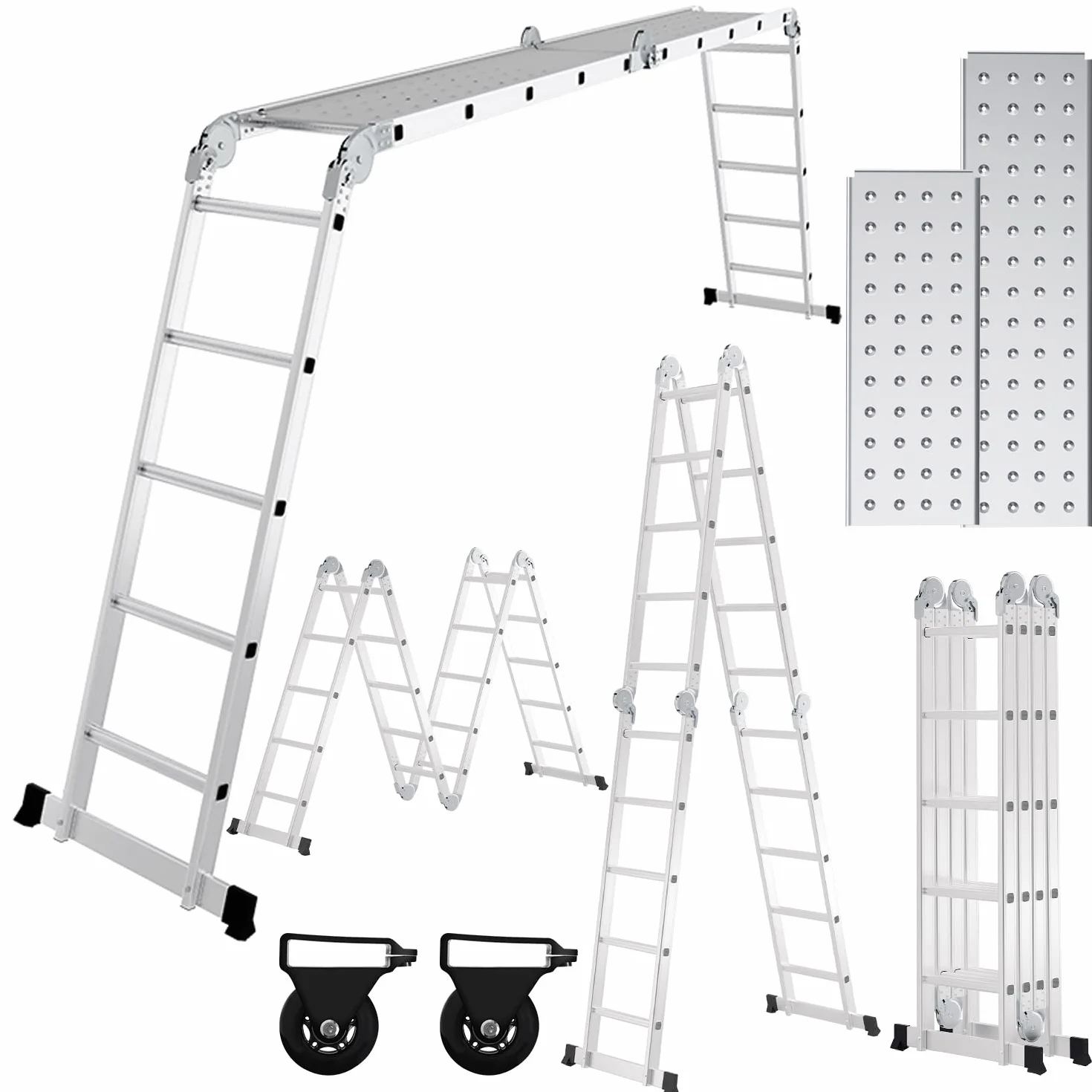 5,8 m aluminiowa drabina wielofunkcyjna z platformą, 2 płytami rusztowania, do 150 kg, 20 stopni, srebrna
