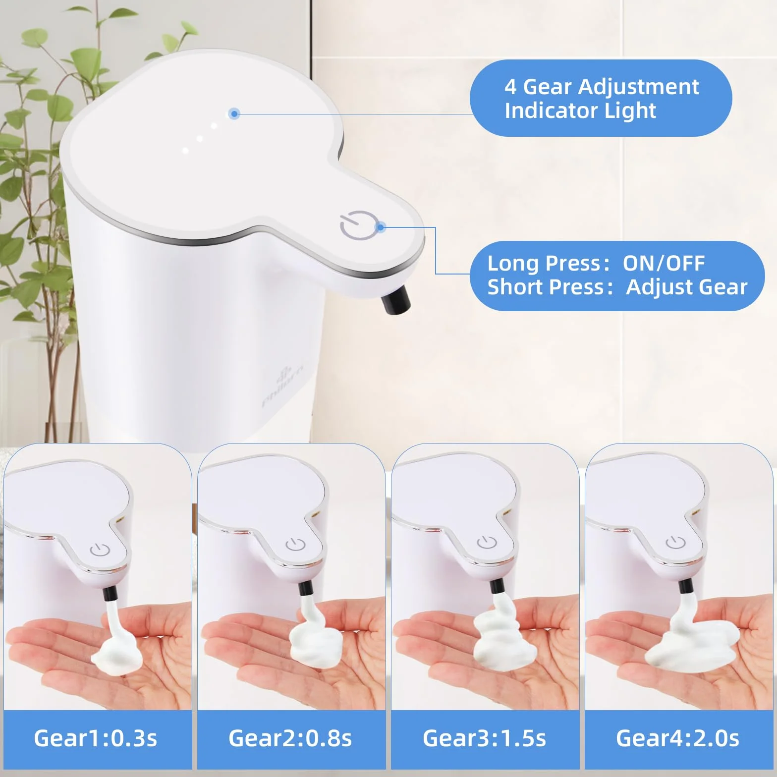 Philorn Bezdotykowy Dozownik Mydła 400 ml USB-C 4 Poziomy Pianki Samoczyszczący Beżowy