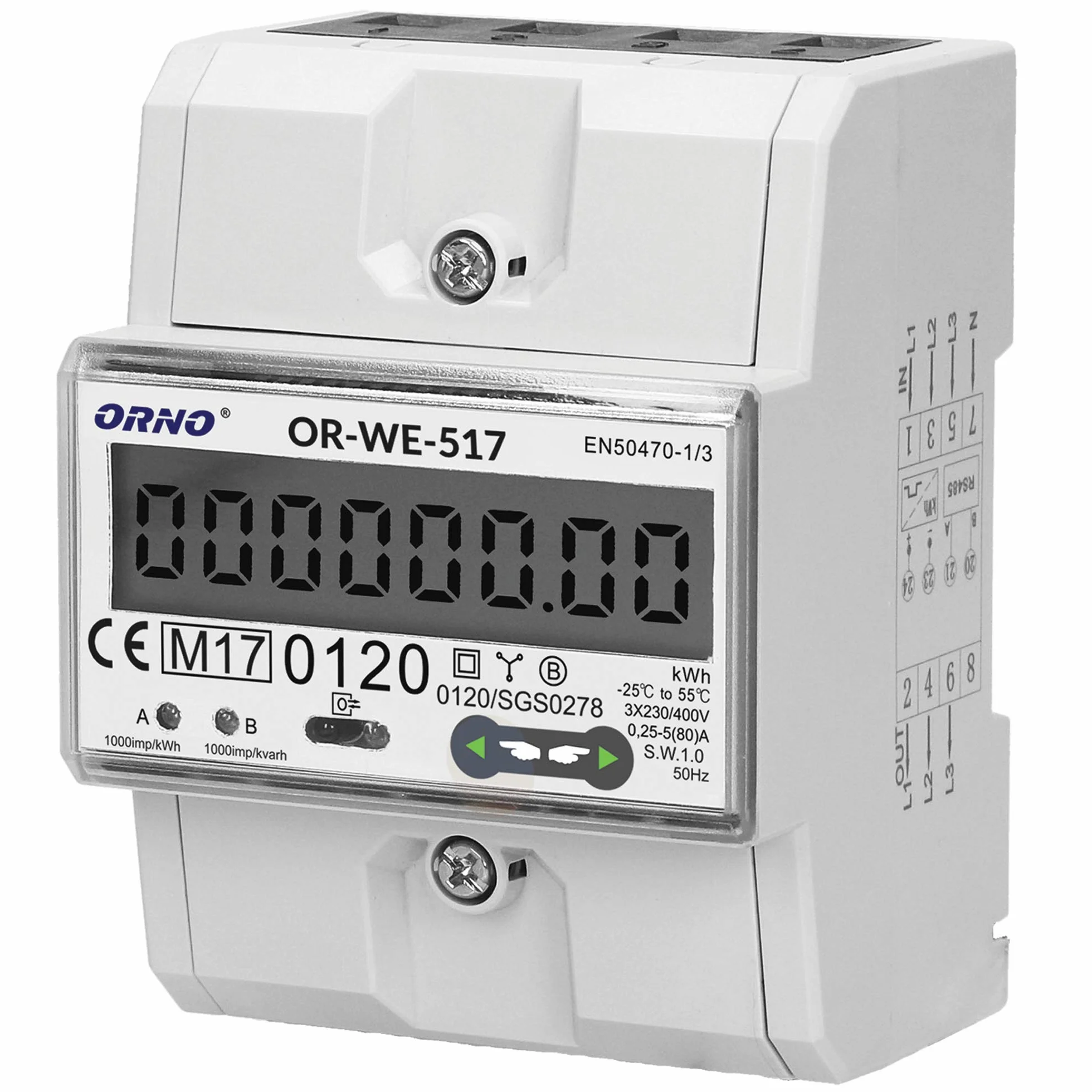 ORNO OR-WE-517 multitarif dwudrożny licznik prądu, szyna montażowa 3-fazowy, 0,25 A - 80 A, 3 x 230 V/400 V
