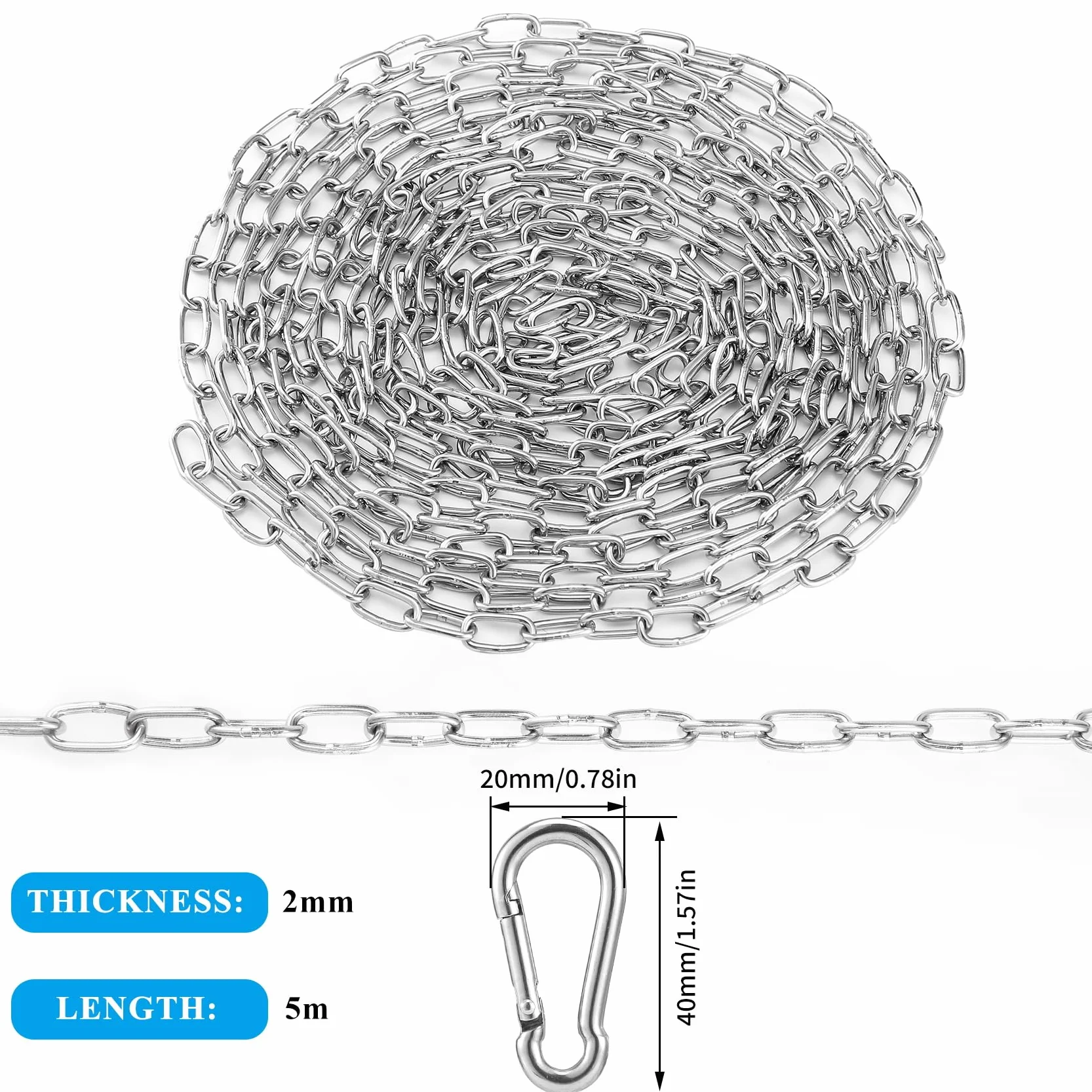 Łańcuch ze stali nierdzewnej 304 2 mm, łańcuch metalowy 5M, łańcuch stalowy, łańcuch metalowy do zawieszania, łańcuch przedłużający, łańcuch ze stali nierdzewnej do zawieszania na łańcuch dla psa