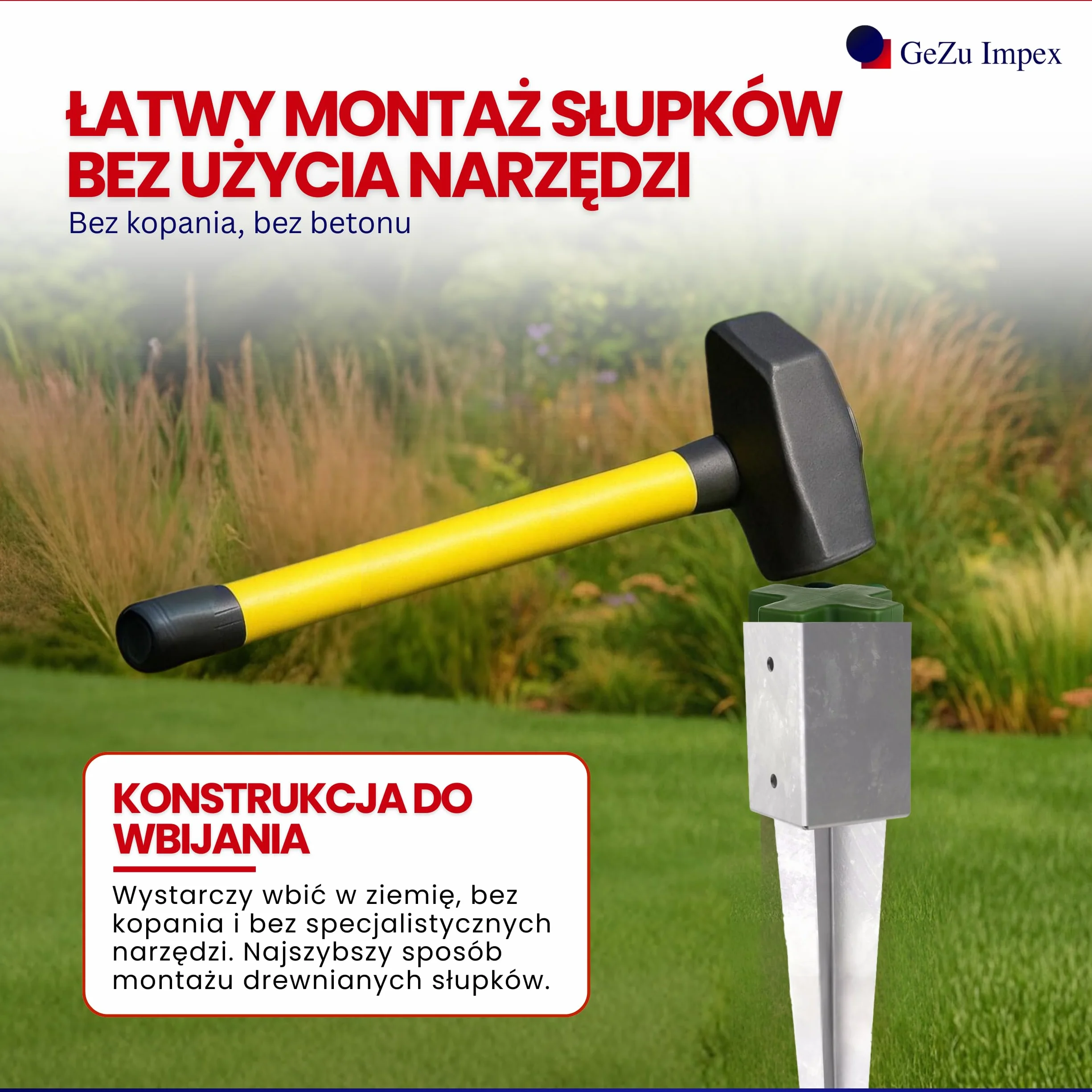 GeZu Impex® Wspornik słupkowy 71 x 71 x 750 mm ocynkowany ogniowo uchwyt ogrodzeniowy kotwica tuleja uziemiająca