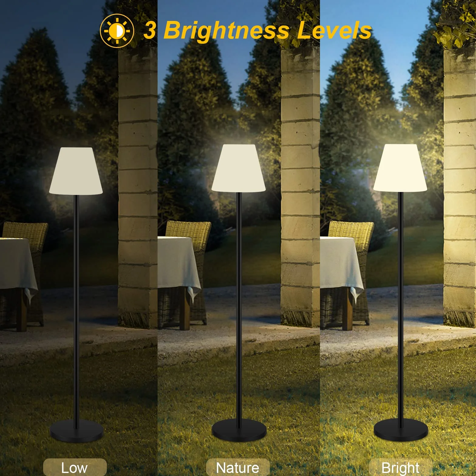 Solarna lampa podłogowa lampy zewnętrzne na patio, wodoodporna, ładowalna bezprzewodowa lampa podłogowa z czujnikiem światła, ściemniana jasność ciepła biel + lampa zewnętrzna RGB LED do
