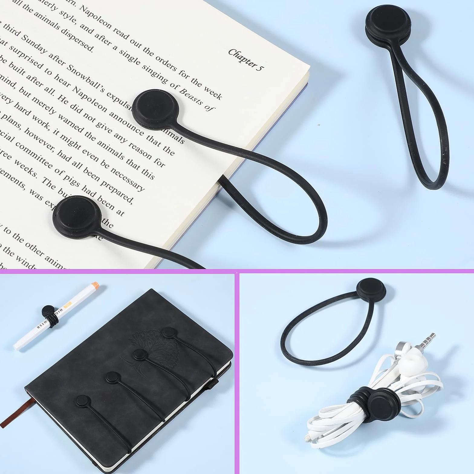 Lusofie Silikonowe opaski kablowe 10 sztuk magnetyczne klipsy wielokrotnego użytku organizer podróżny czarne