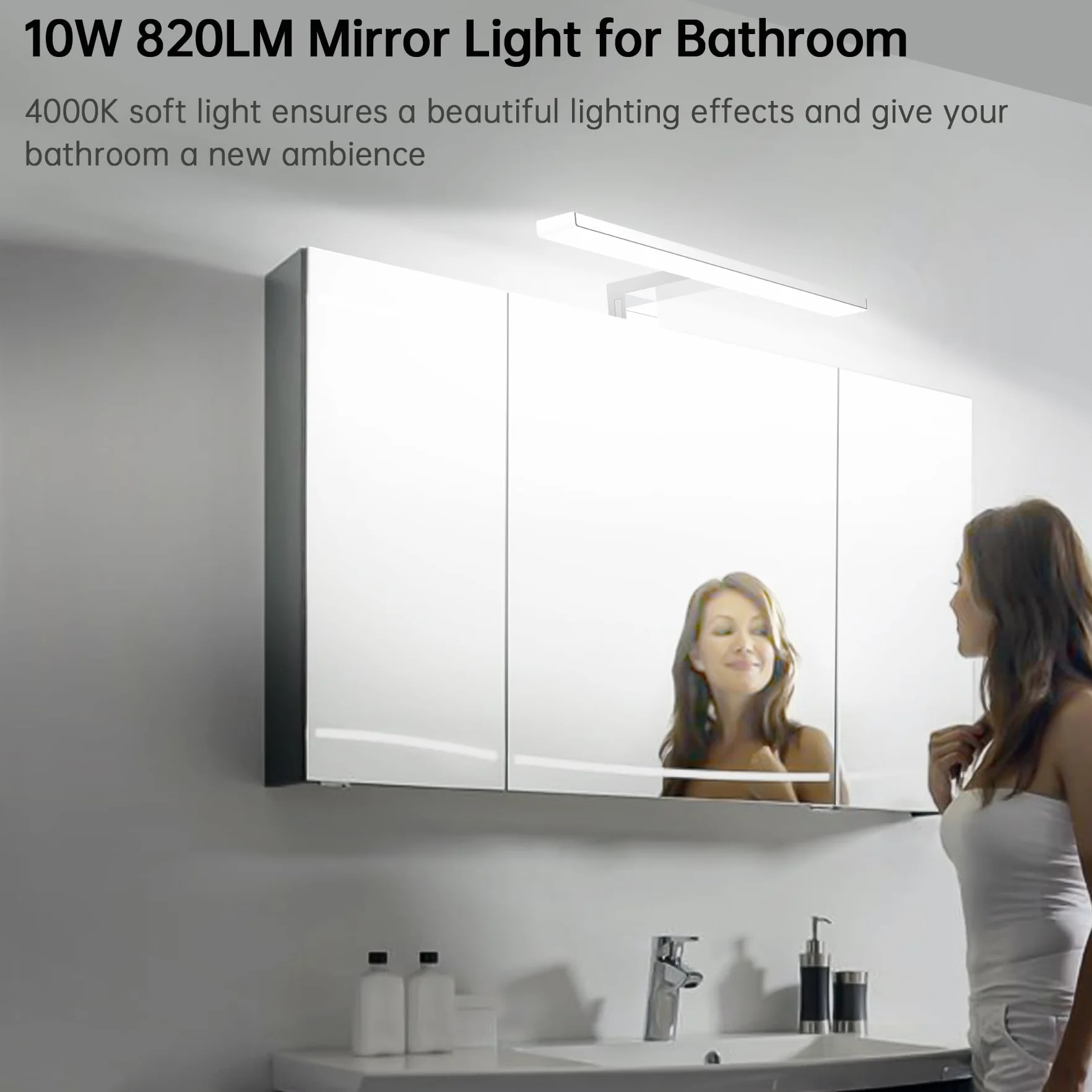 Lampa łazienkowa LED na lustro 10 W, neutralna biel, 4000 K, 820 lm, lampa ścienna, lustro z wtyczką, montaż 3 w 1, 40 cm, IP44, lampa łazienkowa z lustrem, 230 V, 400 mm
