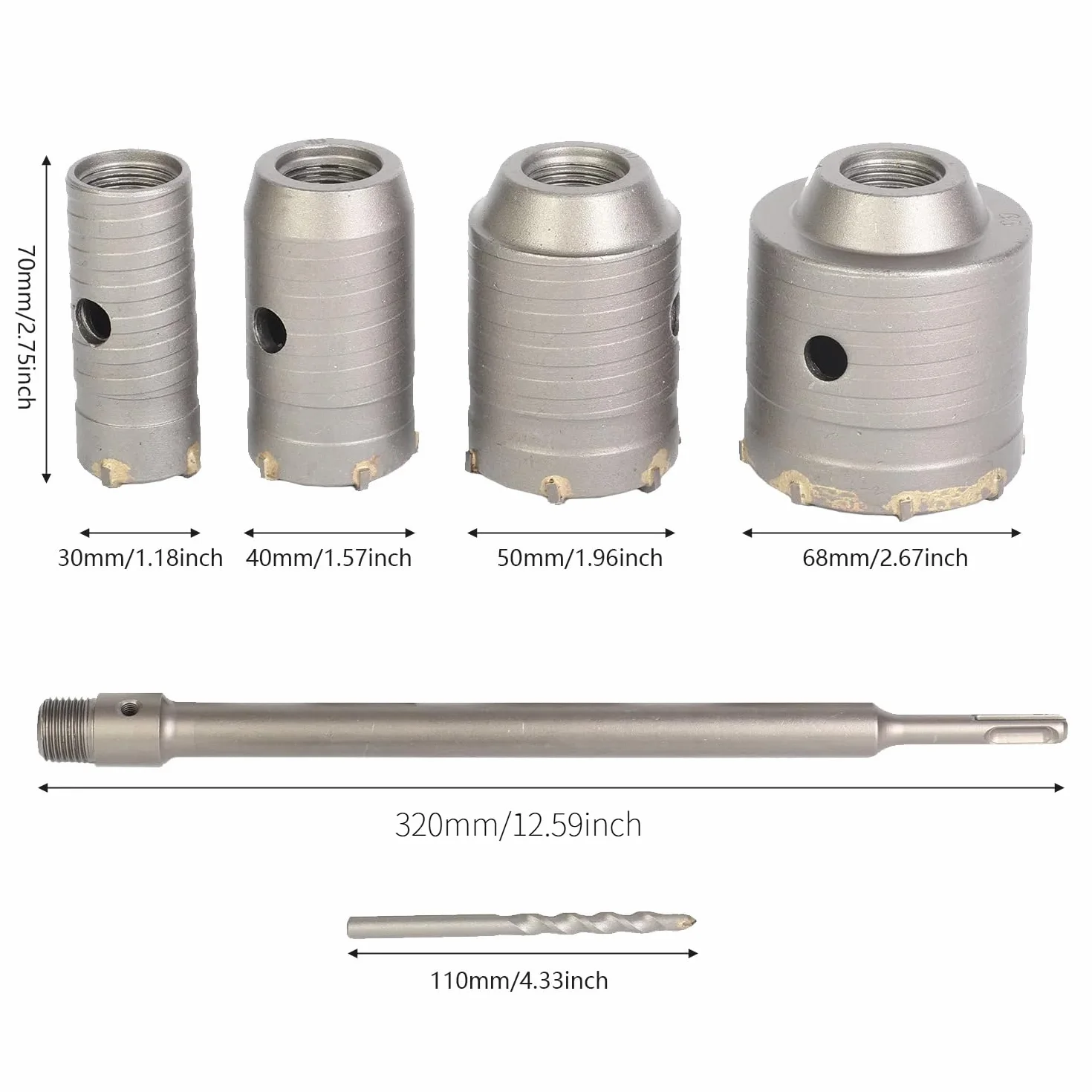 Zestaw wierteł rdzeniowych SDS Plus 30/40/50/68 mm 6 sztuk do betonu