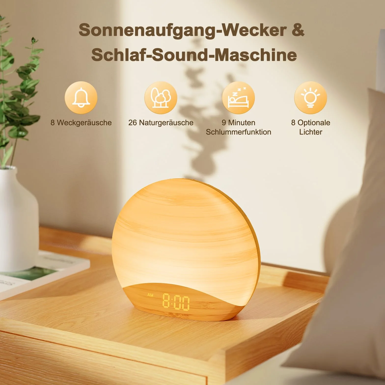 REACHER Natural Wood Grain Sound Machine Budzik, 26 dźwięków, 0-100% ściemniany zegar, lampka nocna, brązowo-różowo-biały szum Maszyna dźwiękowa dla niemowląt