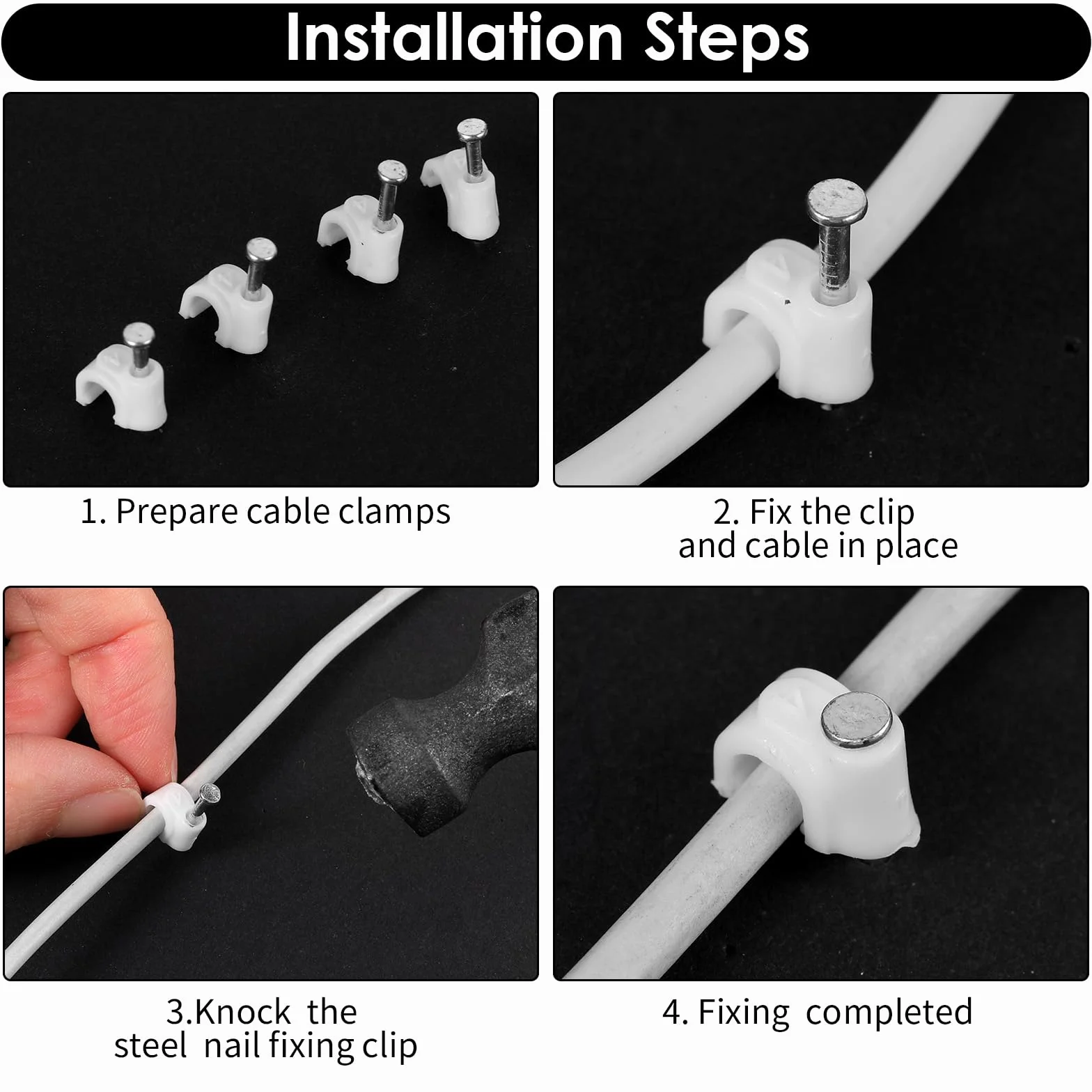 100 sztuk klipsów kablowych ze stalowymi gwoździami, 4 mm białe okrągłe klipsy do drutu, kabel koncentryczny Ethernet, klips do kabli na ścianie, organizer do zarządzania kablami