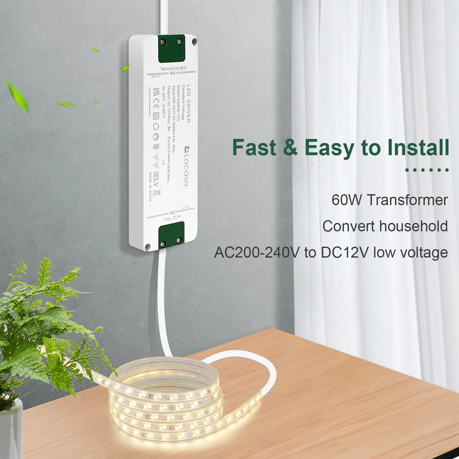 Lacasa Transformator LED 12V 5A 60W Zasilacz Sterownik AC200-240V na DC12V Stałe Napięcie Adapter Ultra Smukła 18mm do Taśm LED G4 MR11 MR16