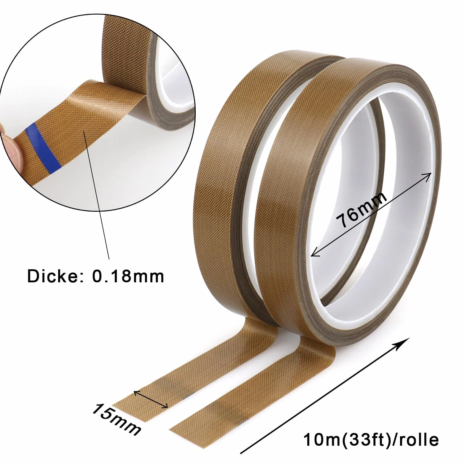 BOMEI PACK Samoprzylepna taśma teflonowa, odporna na wysokie temperatury, do 260°C, 15 mm x 10 m x 0,18 mm (gł.)