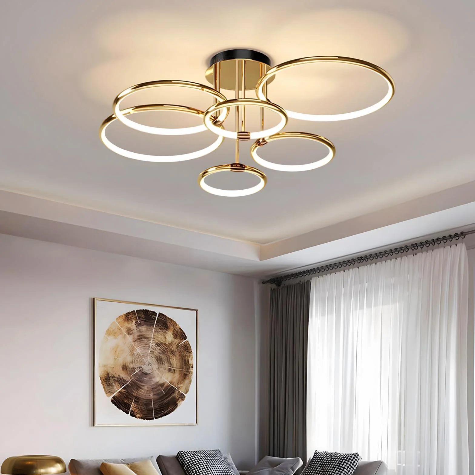 LED Lampa Sufitowa Żyrandol Metalowego Koła Złoty Ø105cm 145W Płynną Regulacją Ściemniania 3000-6000K Nowoczesny Okrągły Wisiorek Galwaniczny