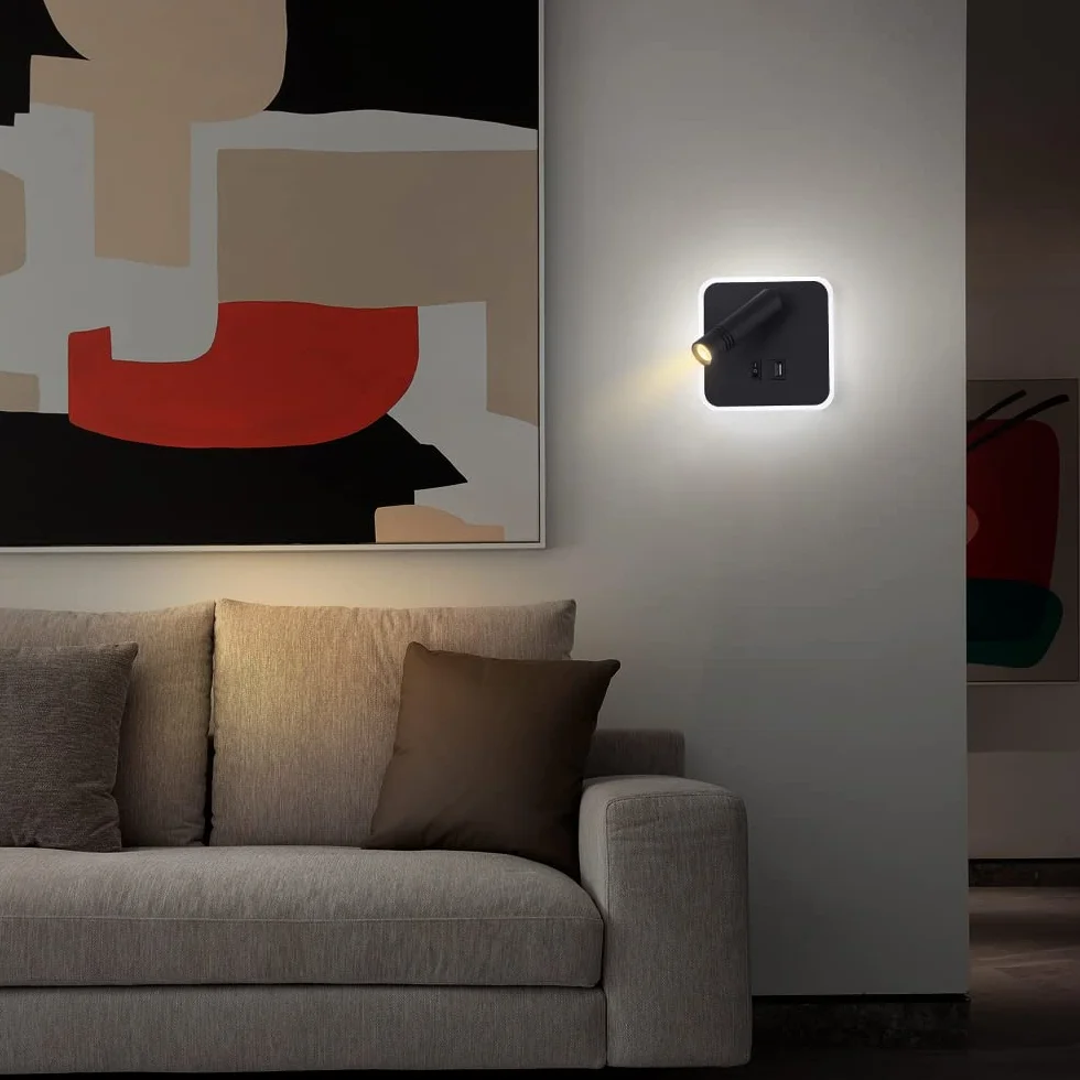 ERWEY Lampa ścienna LED do czytania, regulowana 3W 4000K + 5W 6000K, z przełącznikiem i USB, czarna