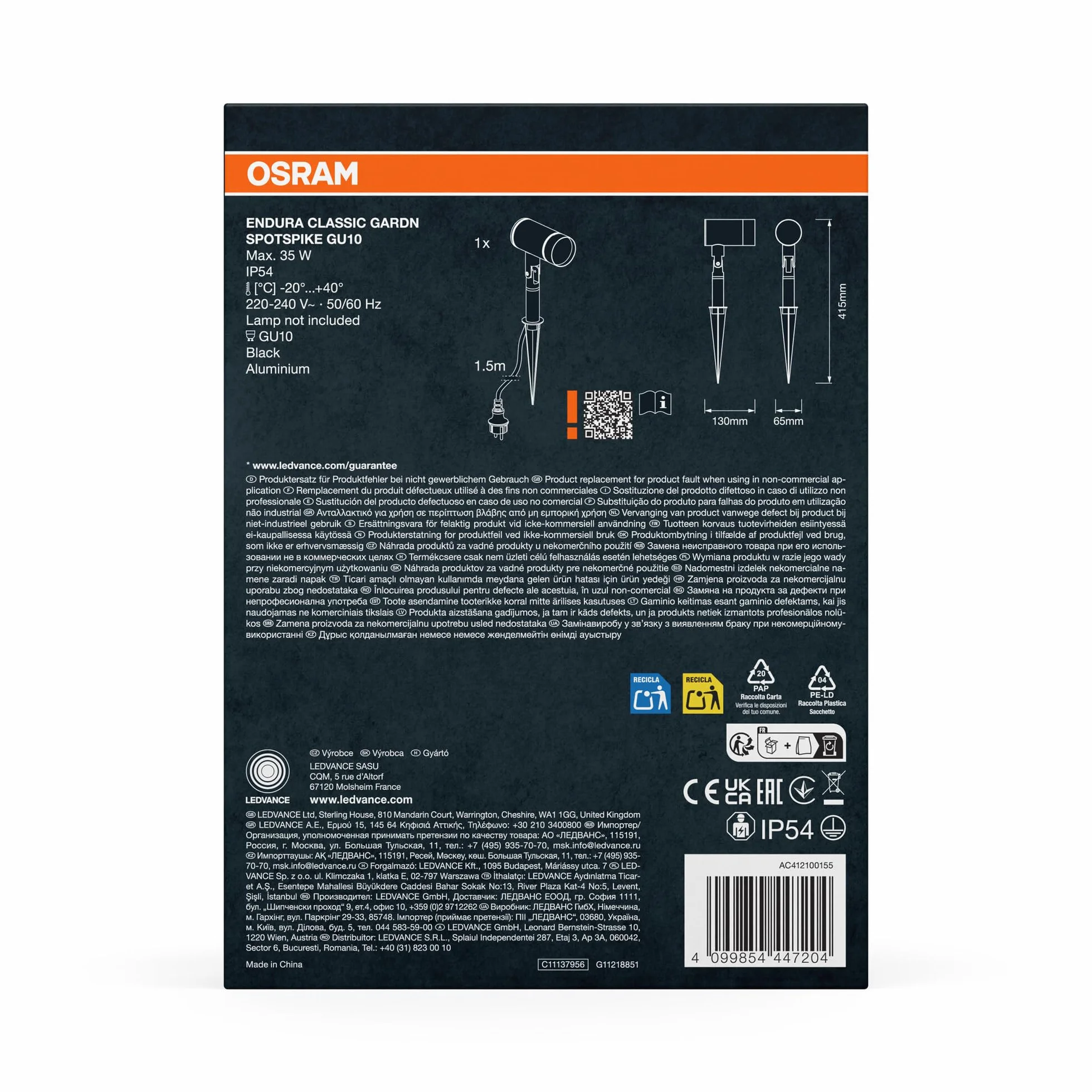 OSRAM ENDURA Classic Garden Spotspike GU10 zewnętrzna oprawa czarna IP54 35W