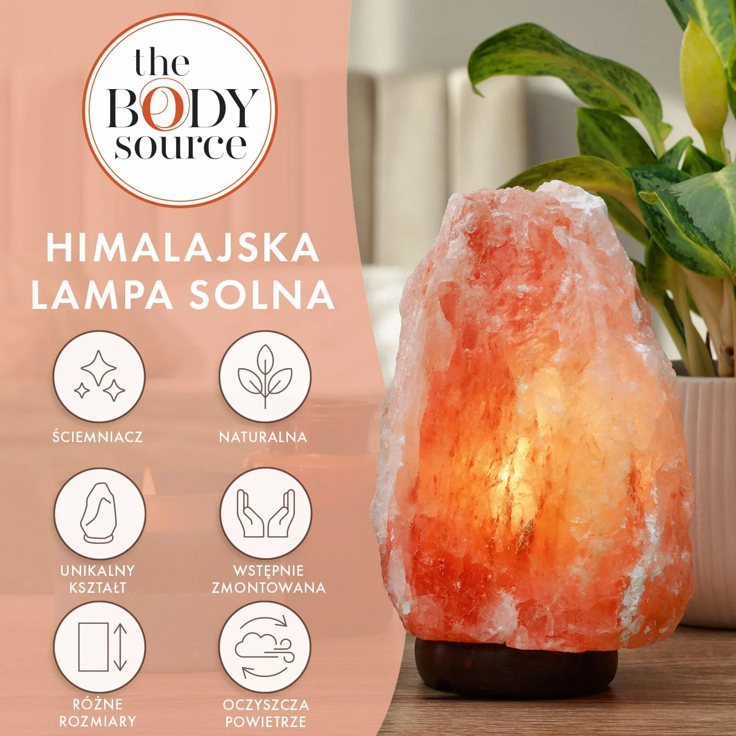 The Body Source Lampa Solna Himalajska Naturalna, Mała z Przyciemnianym Światłem, Oczyszczacz Powietrza, Dekoracja do Domu Sypialni, dla Alergików Astmatyków, 2-3 kg
