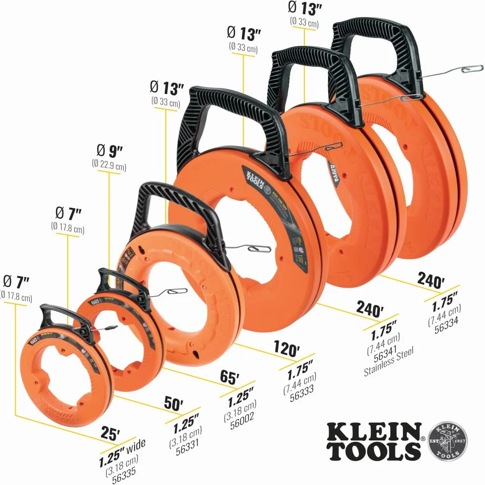Klein Tools 56331 elektryczna taśma do ryb 15 m ściągacz drutu stalowego 3,2 mm podwójna końcówka pętli