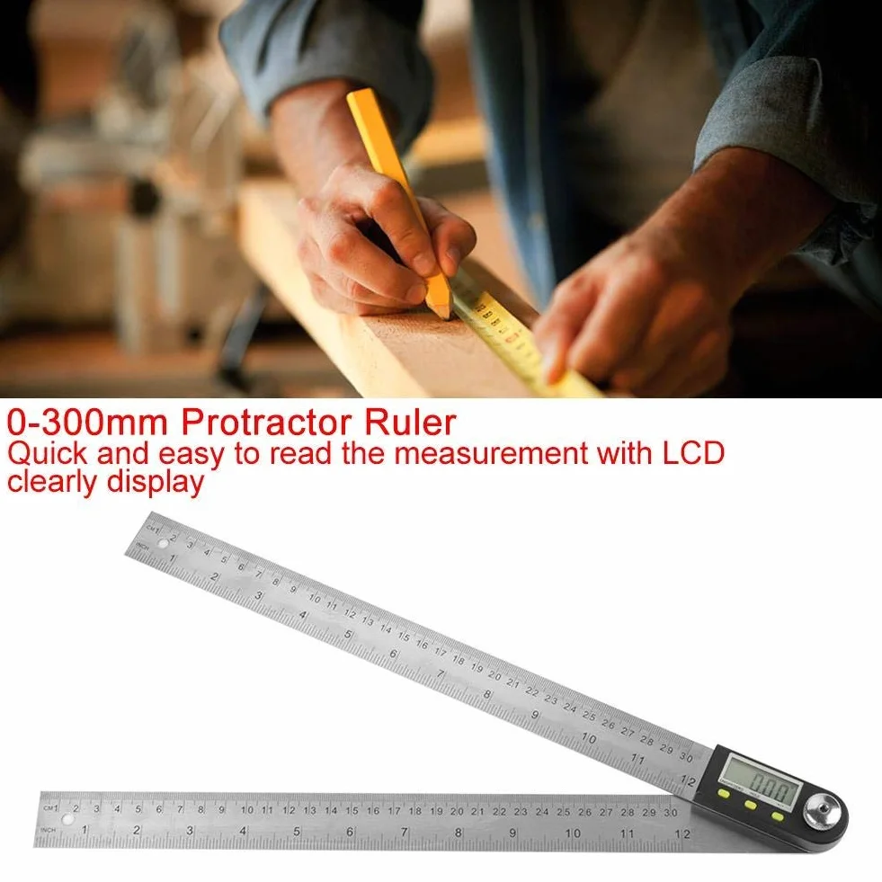 Kątomierz cyfrowy 2 w 1 0-300mm 360° Stal nierdzewna Elektroniczny kątomierz Goniometr Linijka pomiarowa Ekran LCD