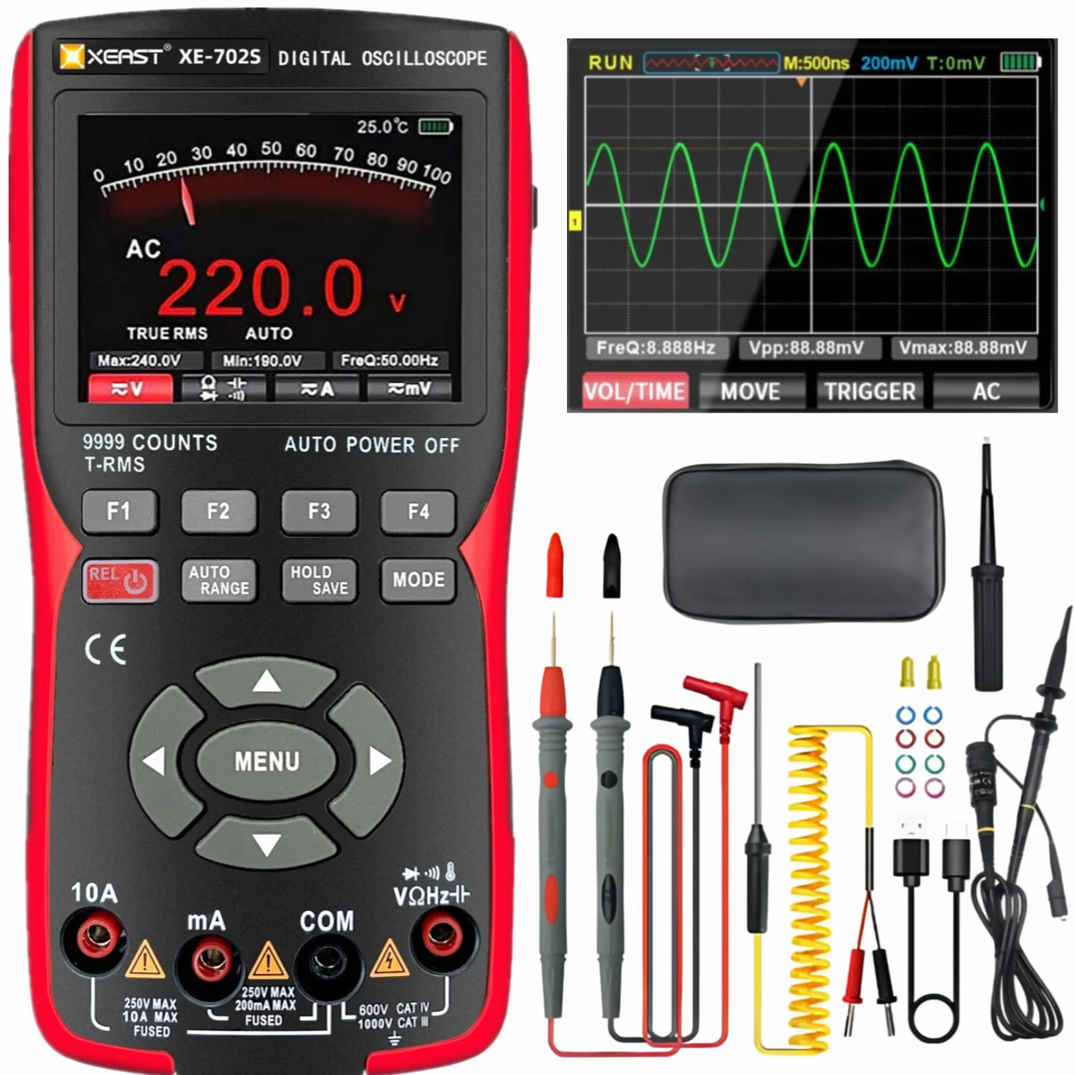 Ręczny oscyloskop, multimetr cyfrowy liczący 9999 z pirometrem z sondą K, szerokość pasma 10 MHz, próbkowanie 48 MSa/s, funkcja automatycznej kalibracji CC/AC