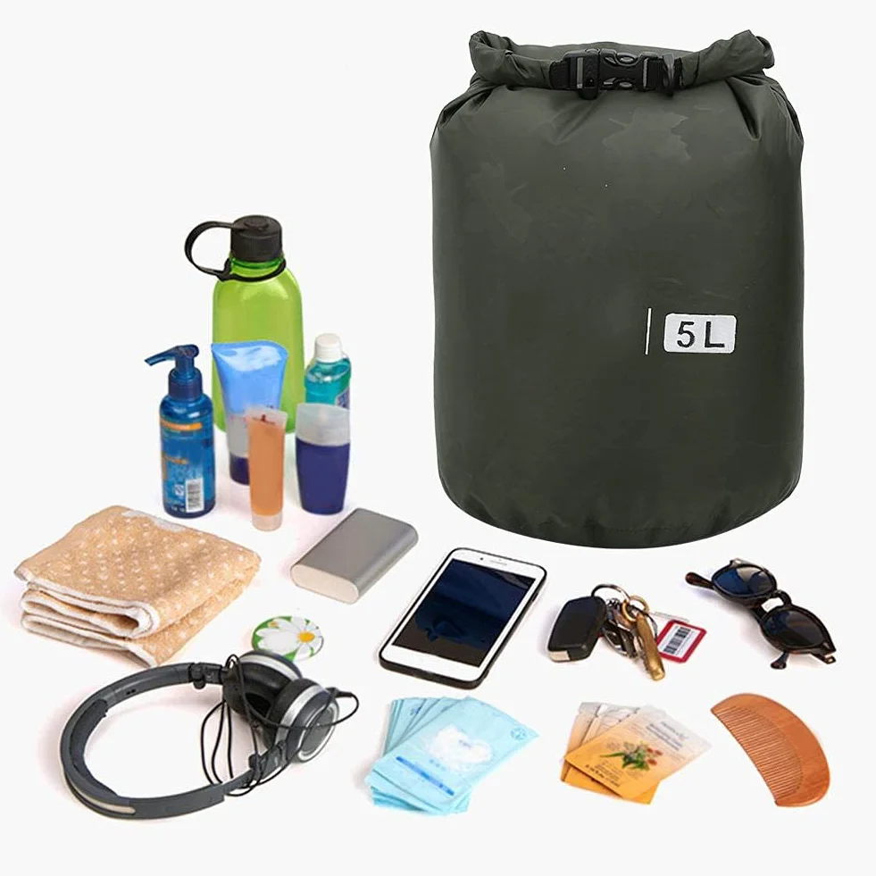 Alomejor PVC Outdoor składana wodoszczelna torba do przechowywania na kemping, wędrówki, plażę, z klamrą do wspinaczki górskiej, Nadruk w kolorze zielonym, 5 l