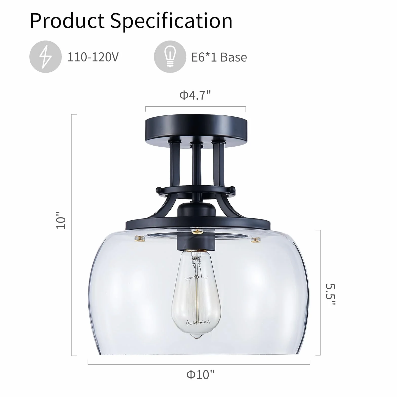 Rustykalny żyrandol przemysłowy okrągły sufit lampa LED z przezroczystymi szklanymi kloszami E27 czarny 25x25 cm
