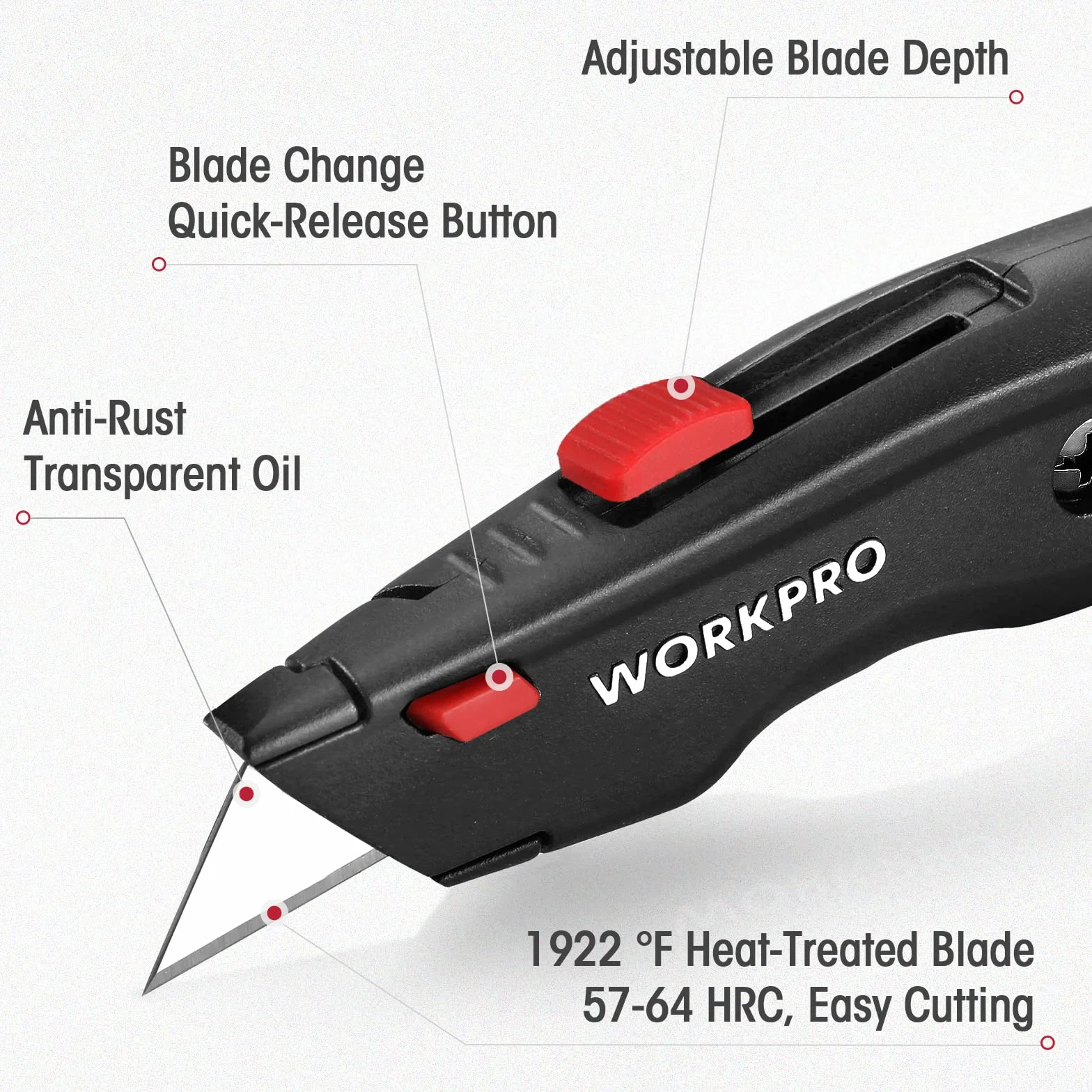 WORKPRO Einziehbares Universalmesser aus Vollmetall mit Schnellwechselklinge, 10 Klingen, Schwarz