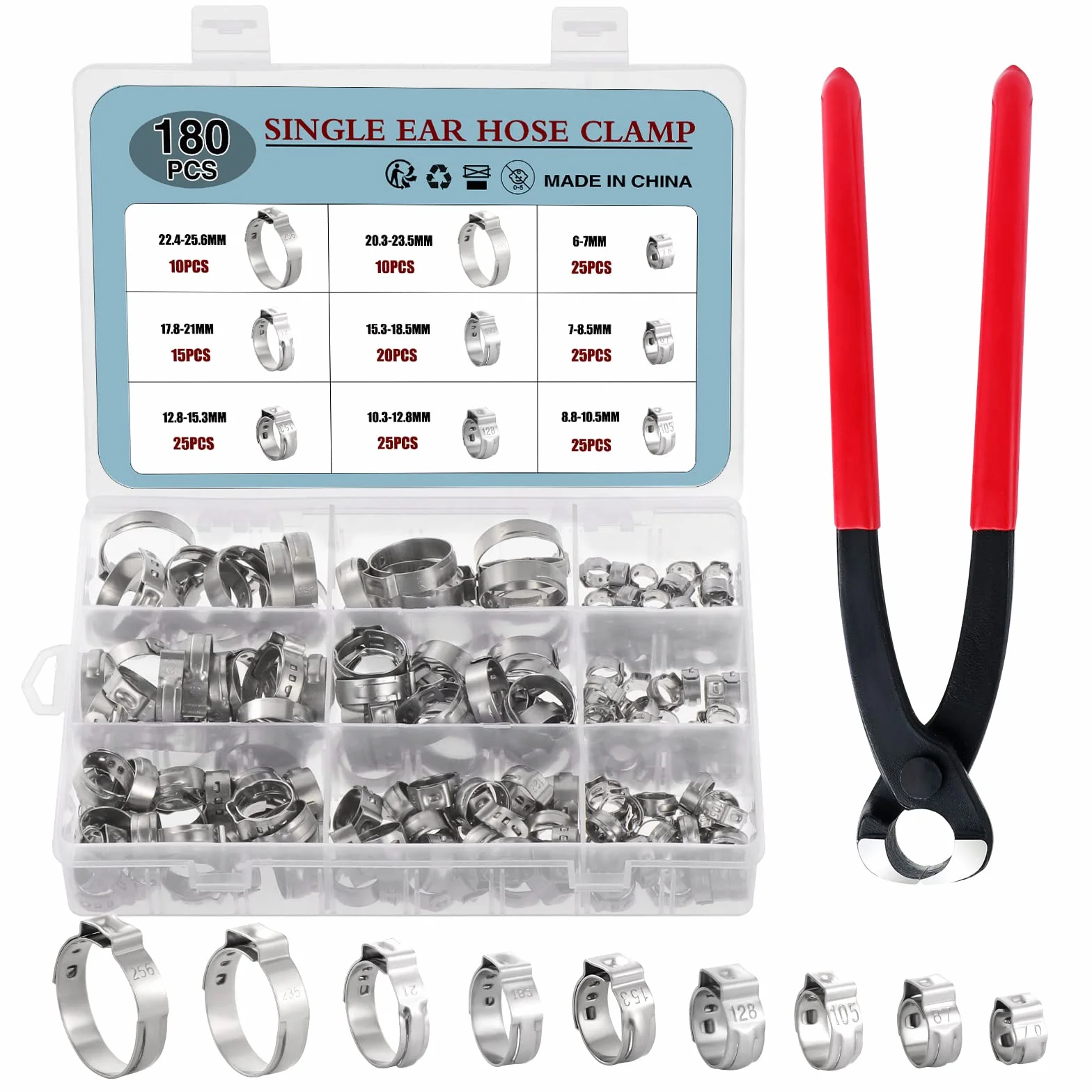 Morsetti per tubo in acciaio inox 180 pezzi 9 misure 6-25,6 mm Clip flessibile