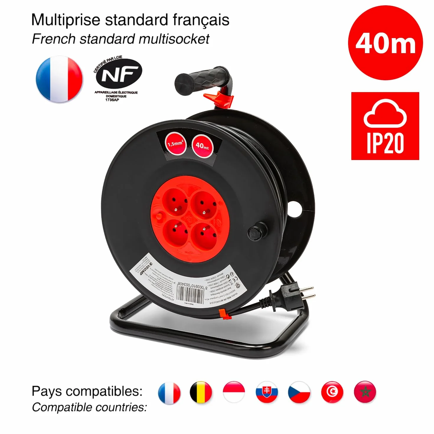 Velamp REEL-FR-40 Rallonge Prolongateur électrique 40 m avec enrouleur 4 Prises 16 A section 3G1,5 mm² + coupe-circuit. Noir et Rouge