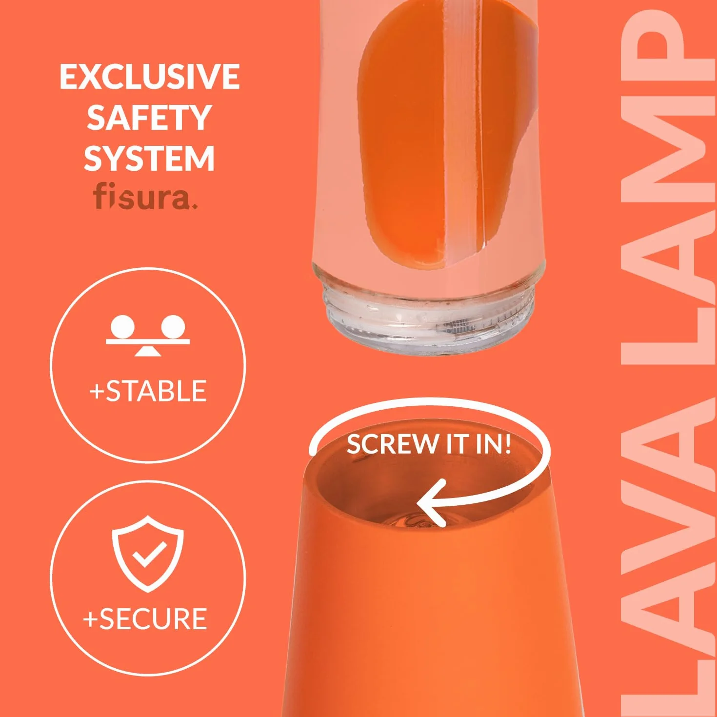 Fisura – Lampa z lawą pomarańczowa. Podstawa i lawa w kolorze pomarańczowym z przezroczystym płynem. Lampa relaksacyjna z zapasową żarówką. 11 cm x 11 cm x 39,5 cm.
