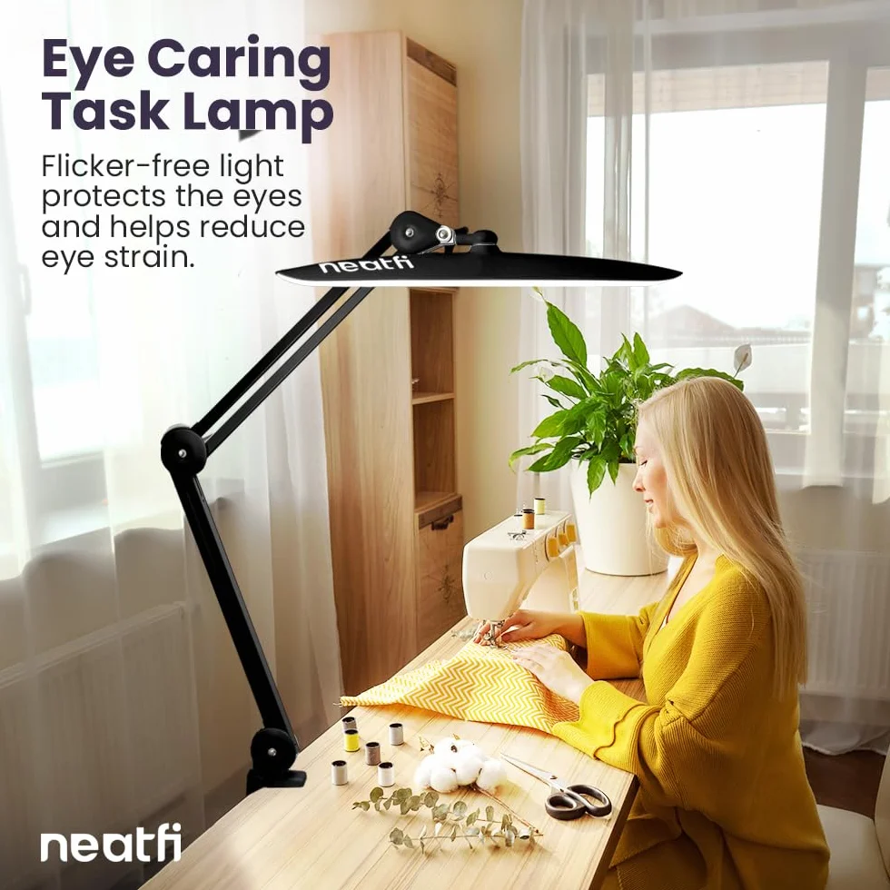 Neatfi XL LED Lampa biurkowa 2200 lumenów 24W szeroka głowica 50cm 4 poziomy regulacji jasności Bez-CCT z Zaciskiem Czarny
