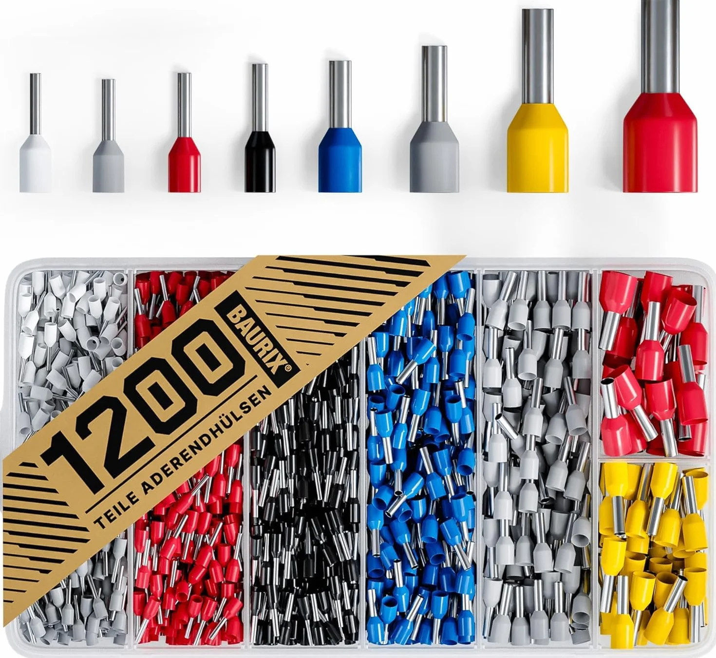 BAURIX Końcówek kablowych 1200 sztuk Zestaw DIN 0,5-10 mm² Izolowanych tulejek