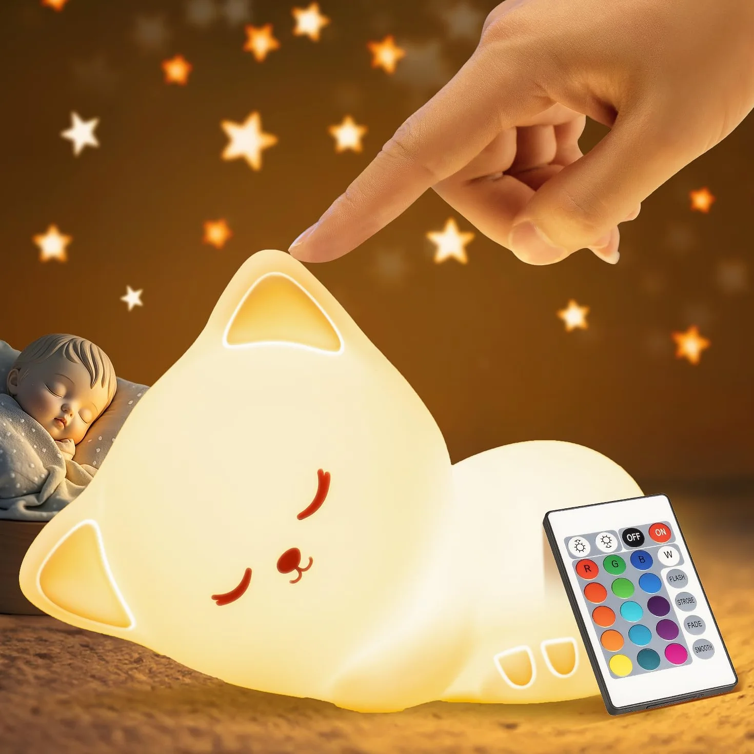 Lampka nocna dla dzieci kot 16 kolorów pilot zdalnego sterowania USB akumulator ściemniana Kawaii