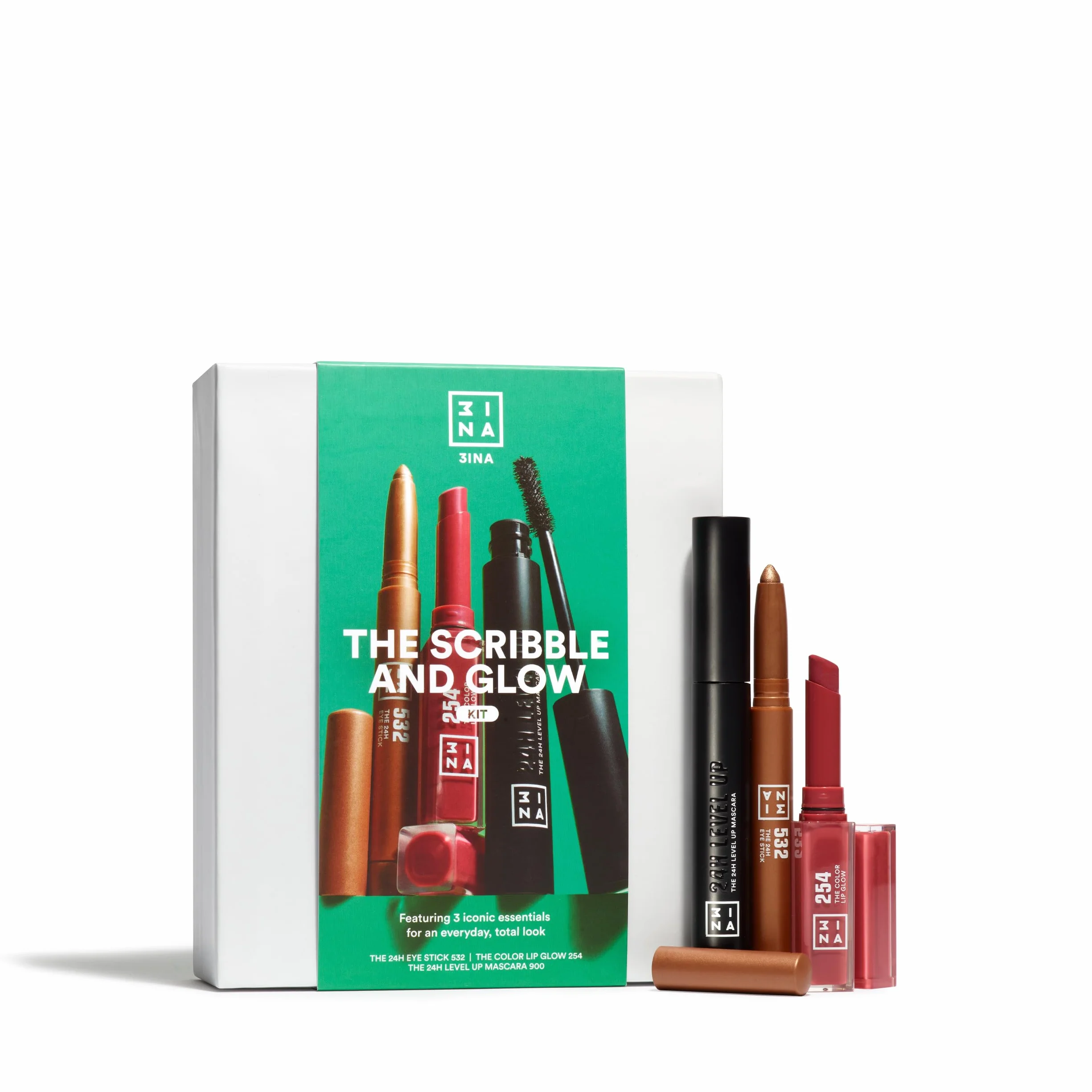 3INA MAKEUP - The Scribble and Glow Kit - Zestaw do makijażu 3INA – Eye Stick 532 + Lip Glow 254 + Level Up Mascara 900 – Kosmetyki kolorowe – Idealny prezent - Vegan - Cruelty Free