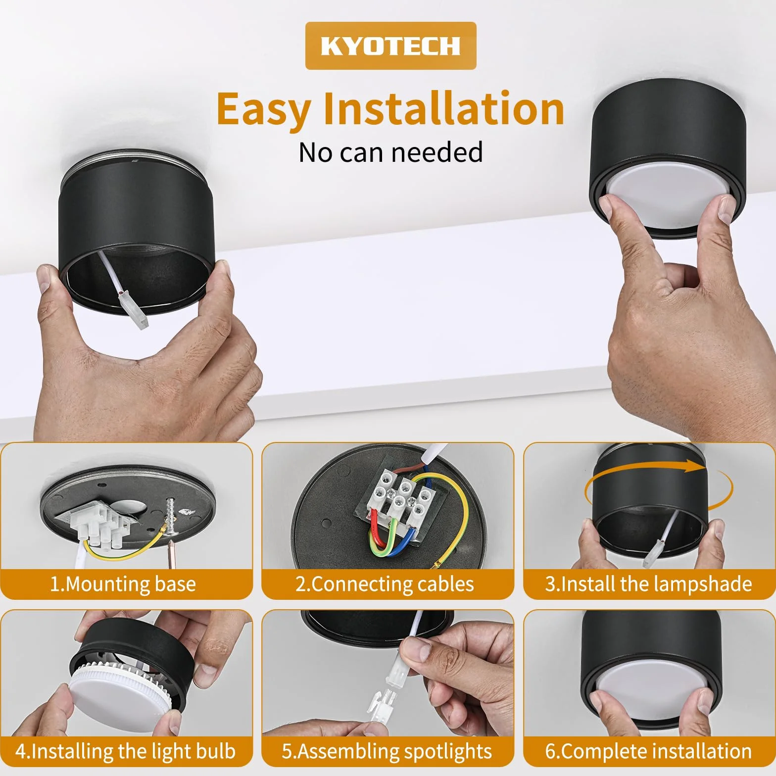 KYOTECH Lampa natynkowa LED czarna – reflektor podtynkowy płaski z 6 W LED GX53 230 V reflektor do zabudowy ciepła biel 3000 K spoty sufitowe natynkowe Ø 95 x 55 mm okrągła lampa sufitowa z aluminium