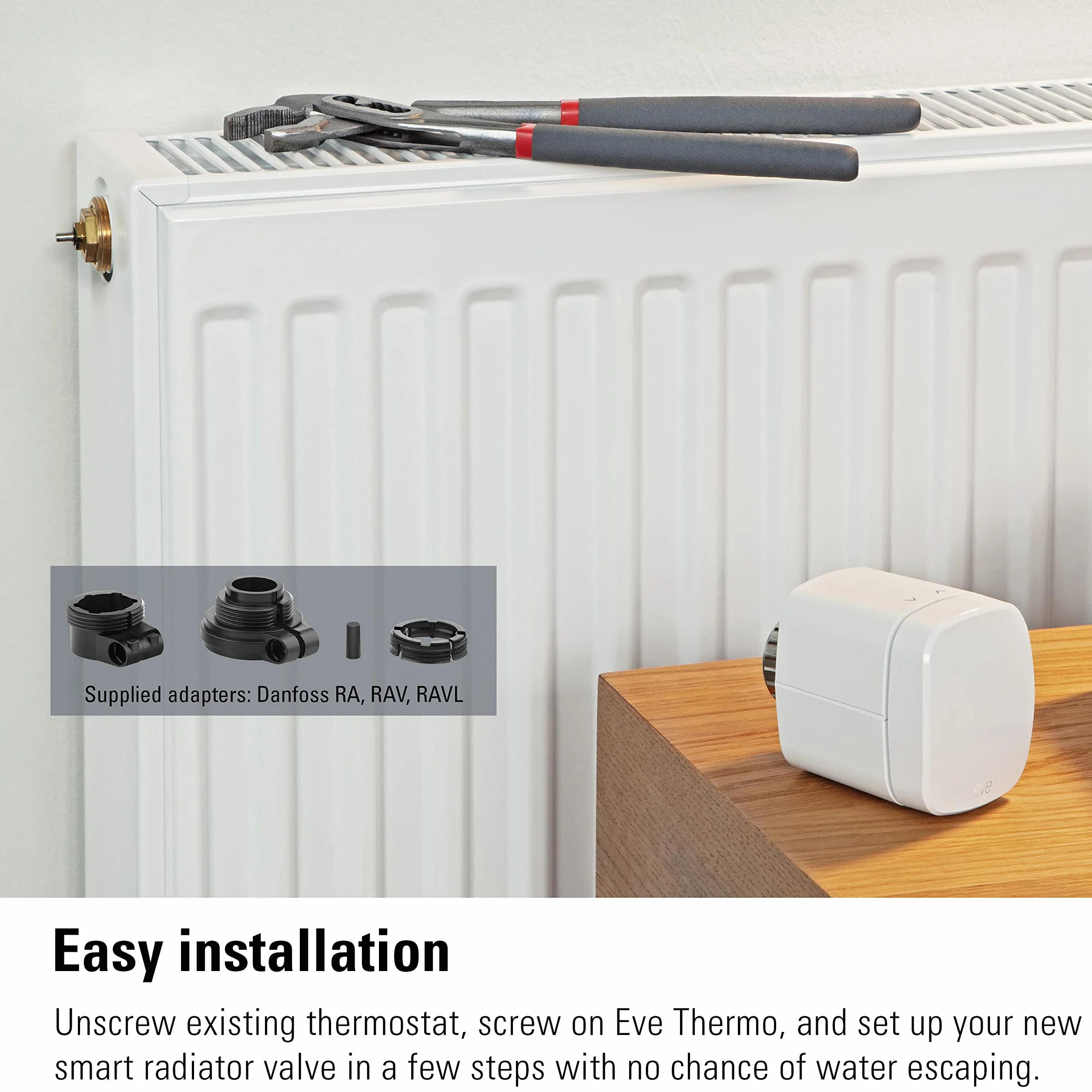 Eve Thermo (Apple Home) – inteligentny termostat grzejnikowy, oszczędność kosztów ogrzewania, nowoczesne sterowanie ogrzewaniem (aplikacja/harmonogramy/obecność), łatwy montaż, do popularnych zaworów